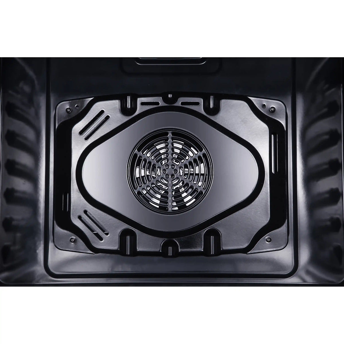 Oven convection fan assembly on the interior back wall with metal vents