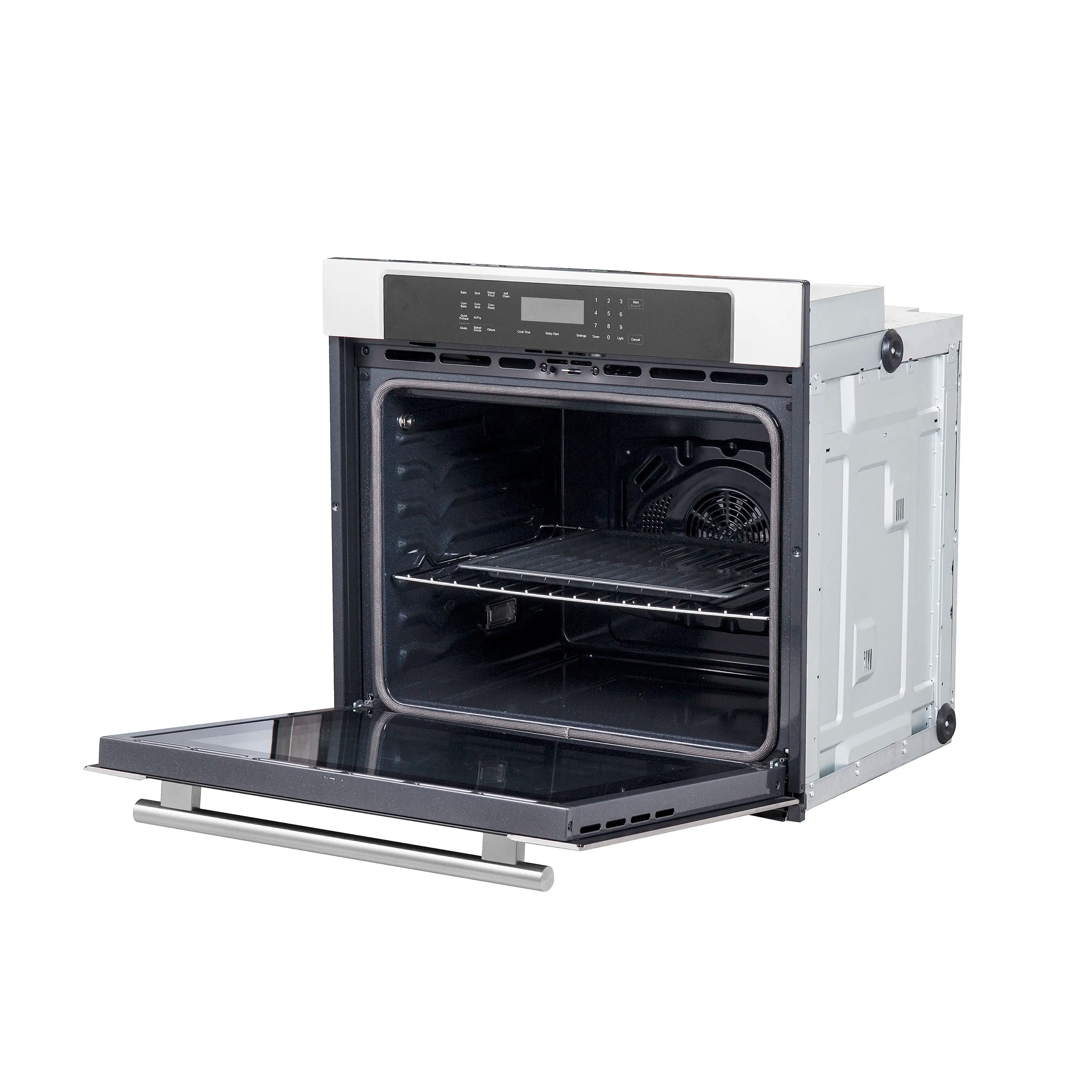Open stainless steel wall oven showing convection fan and oven racks