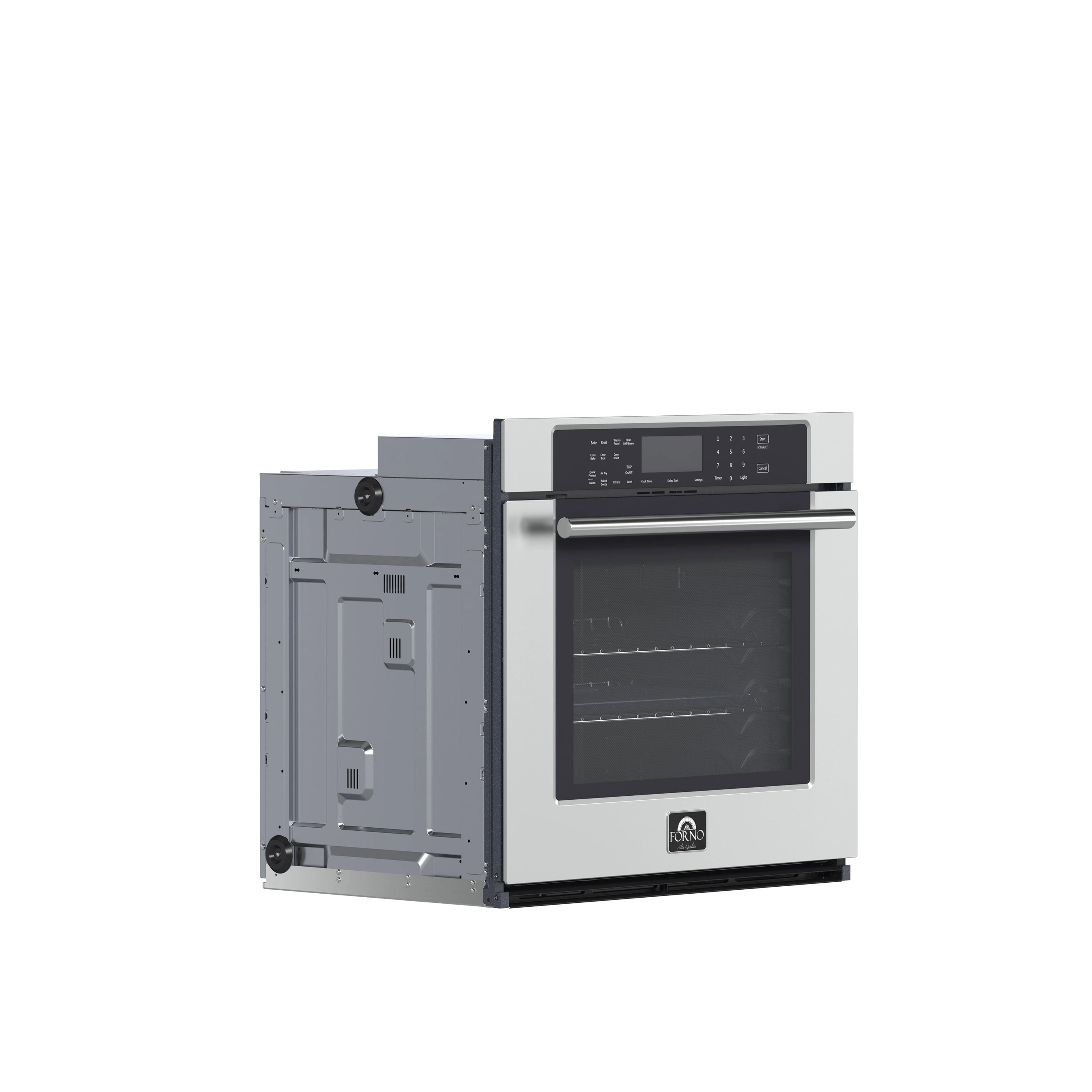 Stainless steel wall oven with side access panel open and dark door window