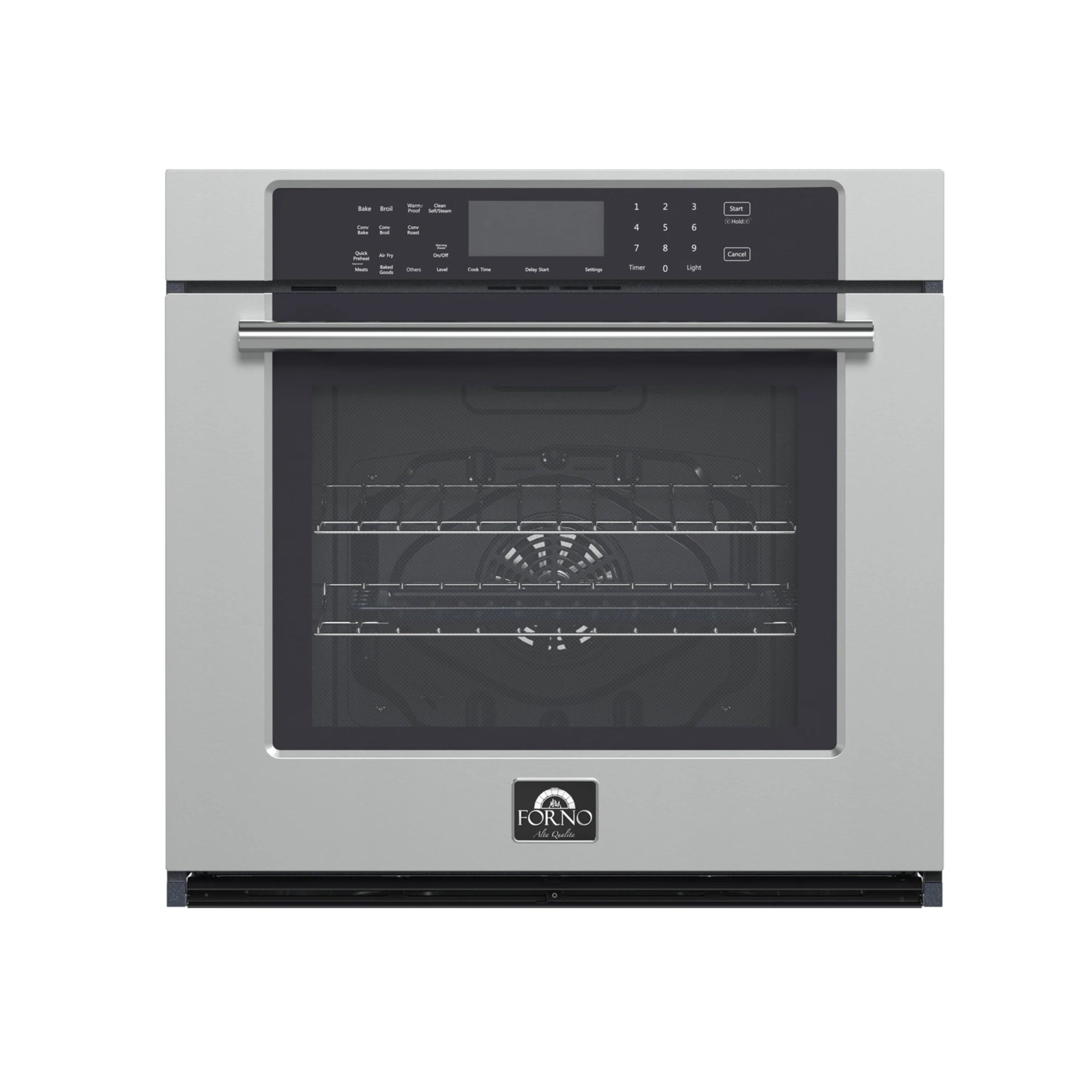 Front view of stainless steel wall oven with dark glass door and display panel