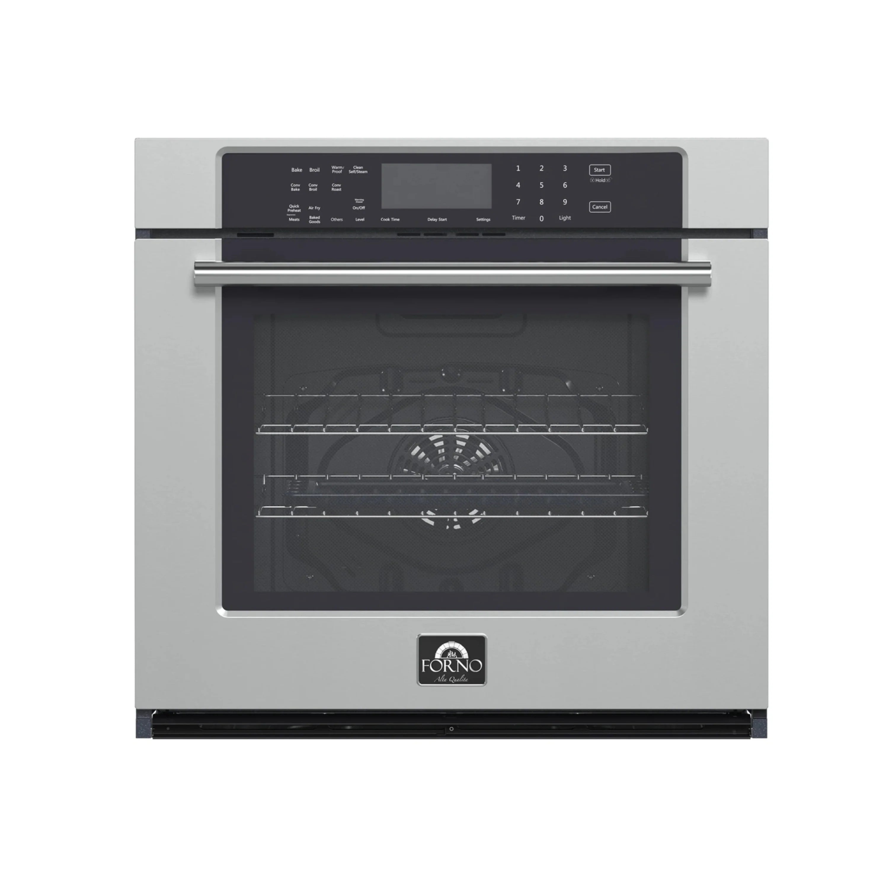 Stainless steel electric wall oven with black glass door and digital control panel