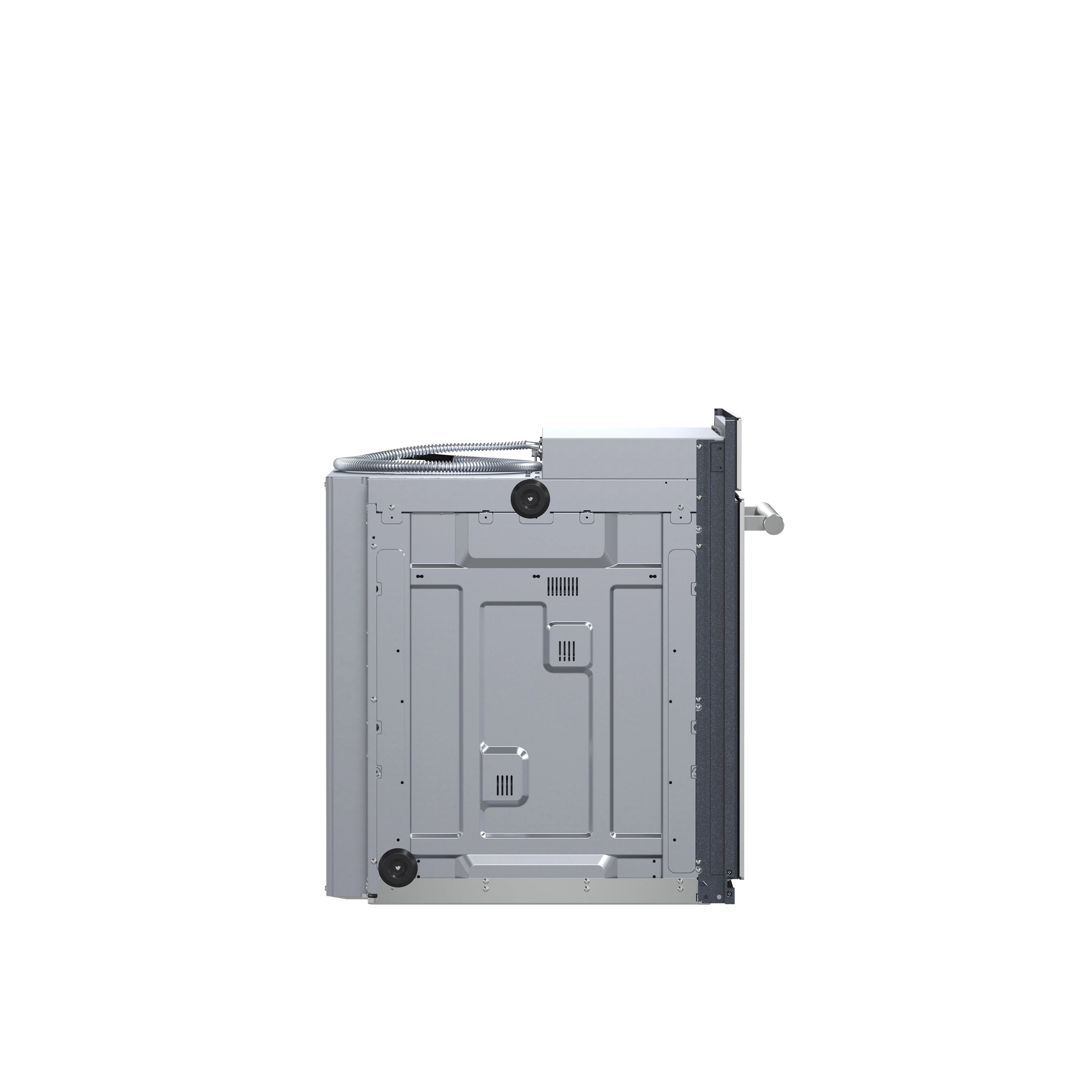 Stainless steel wall oven rear housing exposed with wiring and internal parts