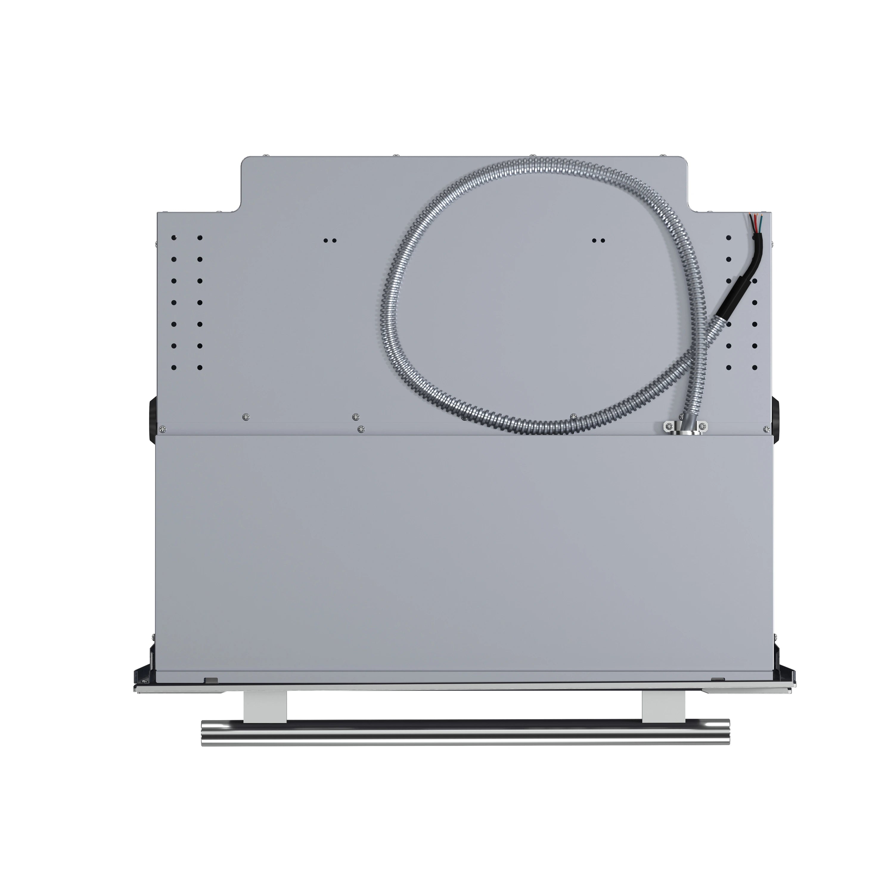 Stainless steel oven rear view with round flexible conduit and internal wiring