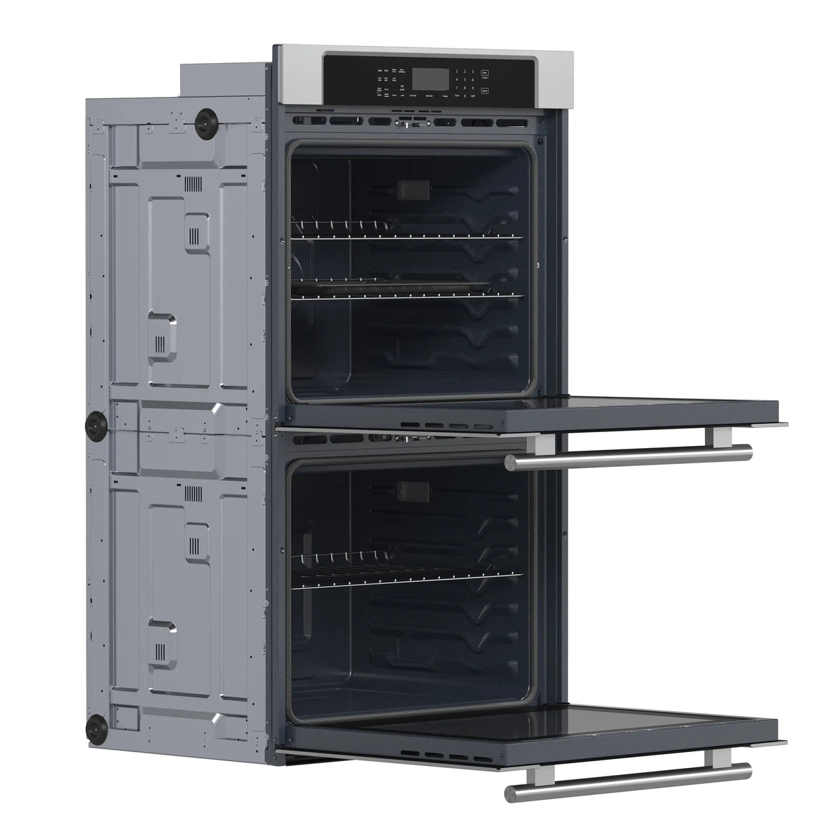Double wall oven with doors open, visible racks and controls on both compartments