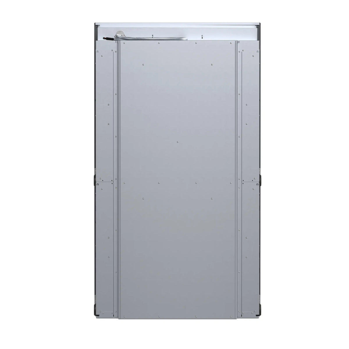 Double wall oven rear installation cover in light gray metal