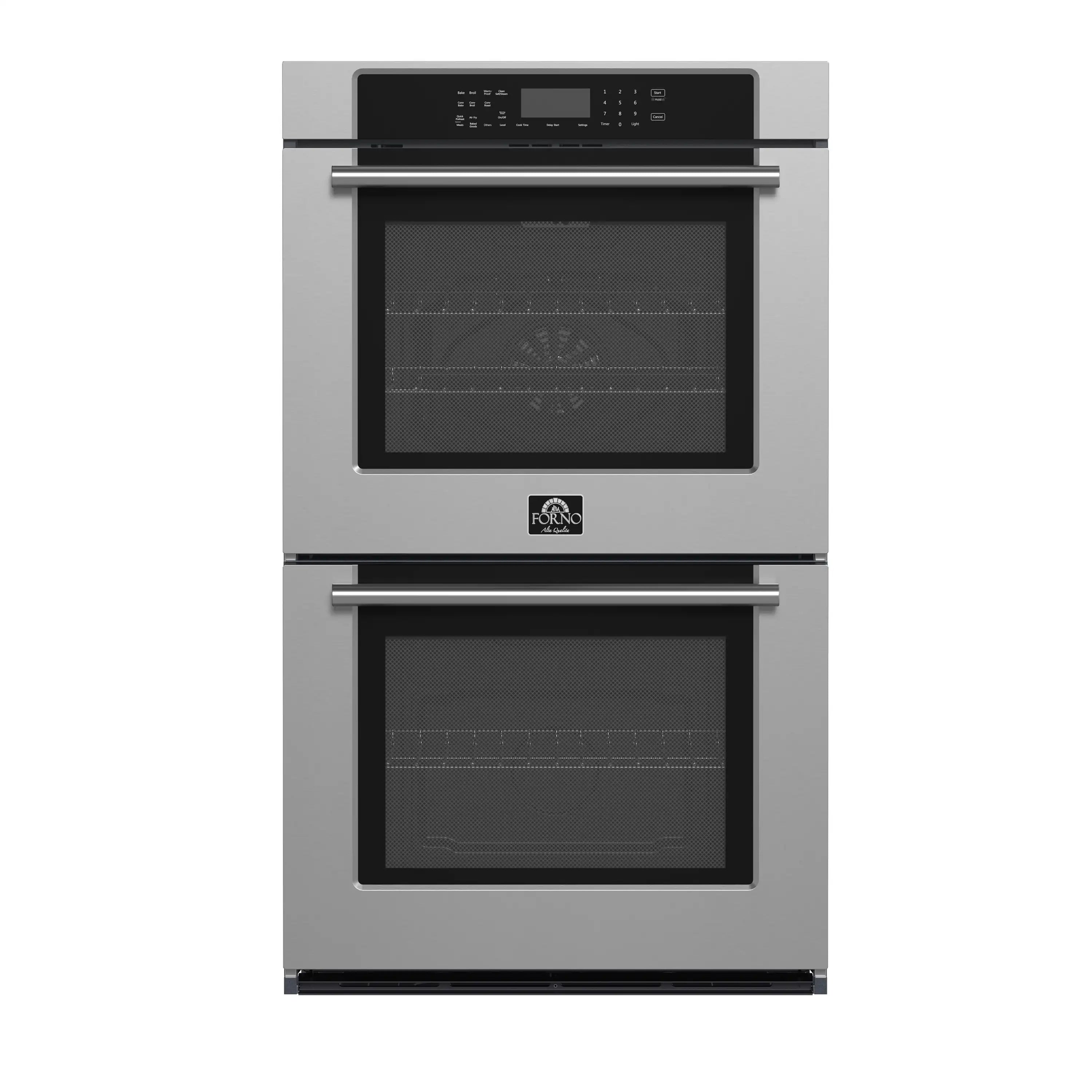 Stainless double wall oven with two dark glass doors and top digital control panel