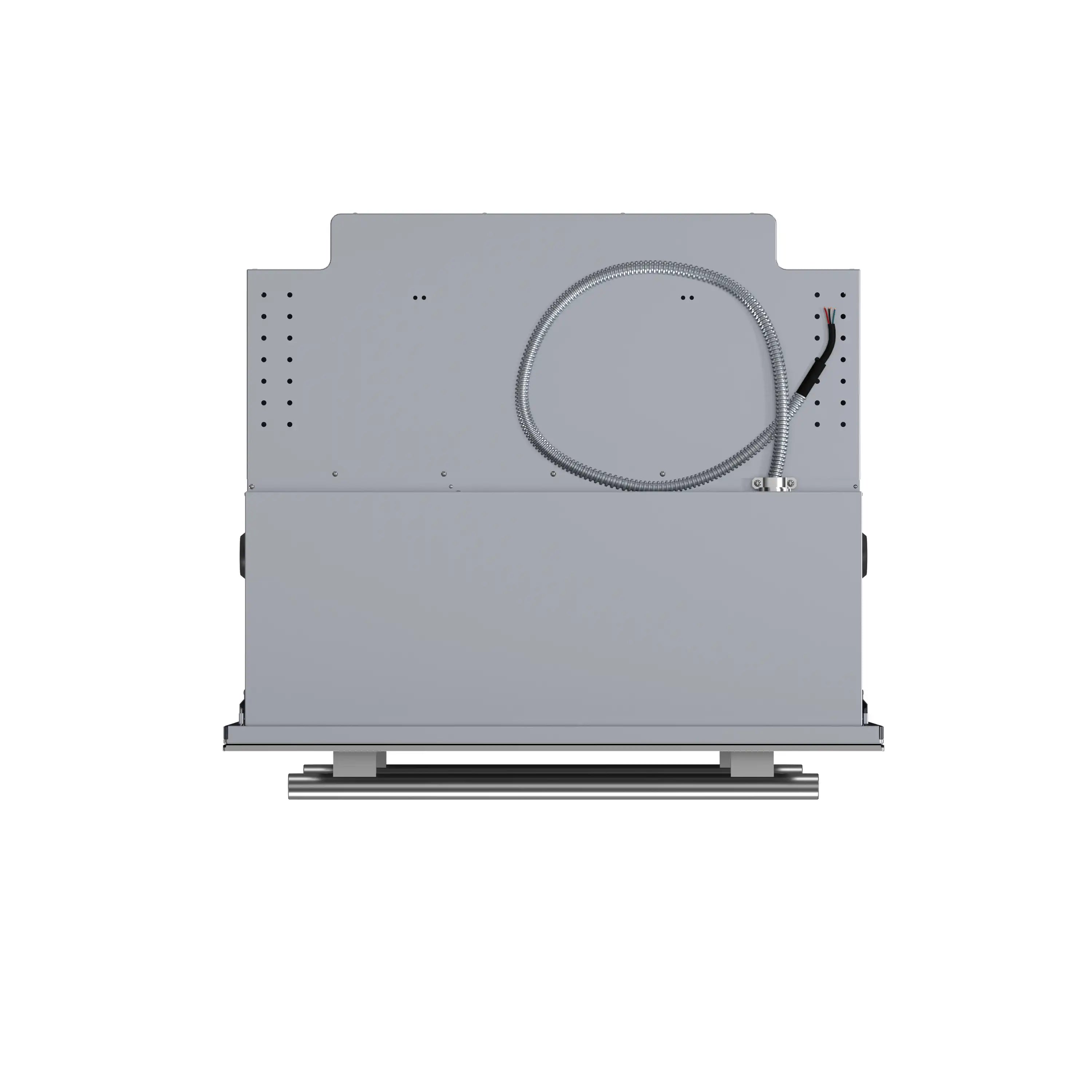 Double wall oven rear access panel with circular cooling fan and wiring