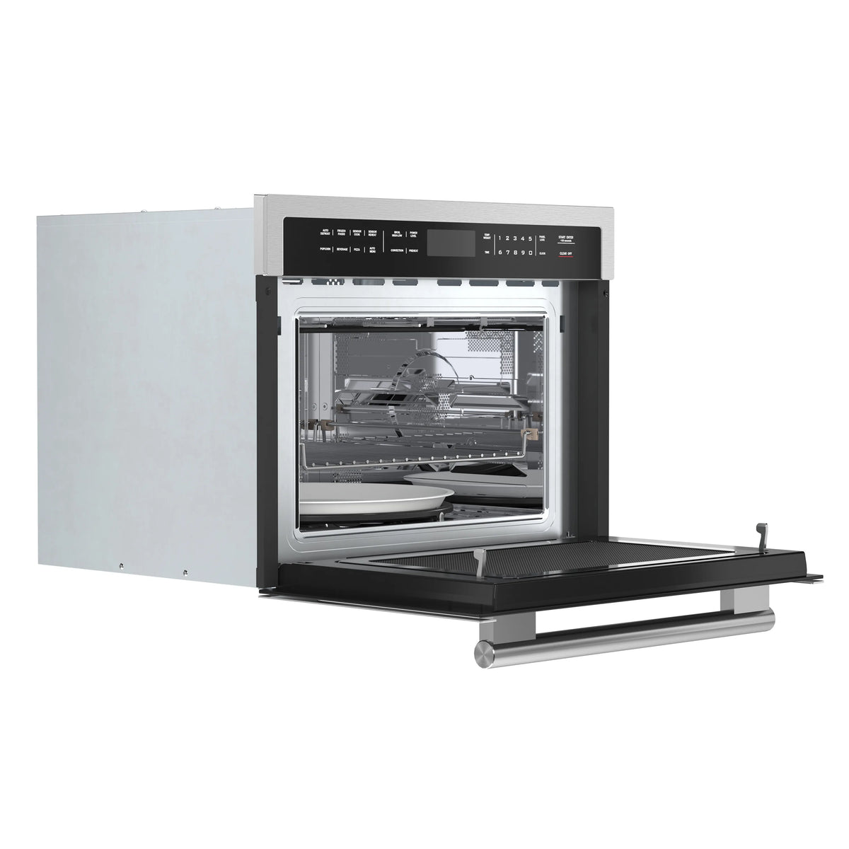 Stainless steel built-in microwave oven with open door and pull-out handle