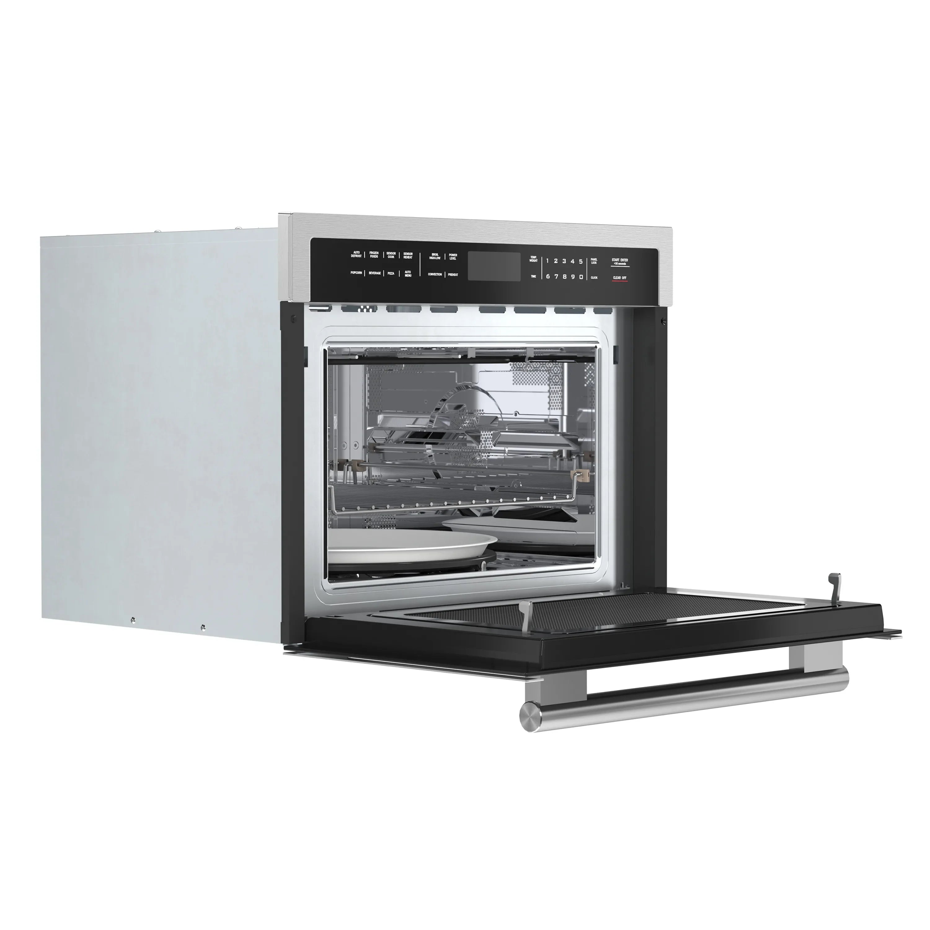 Microwave oven with door open, showing interior racks and tray