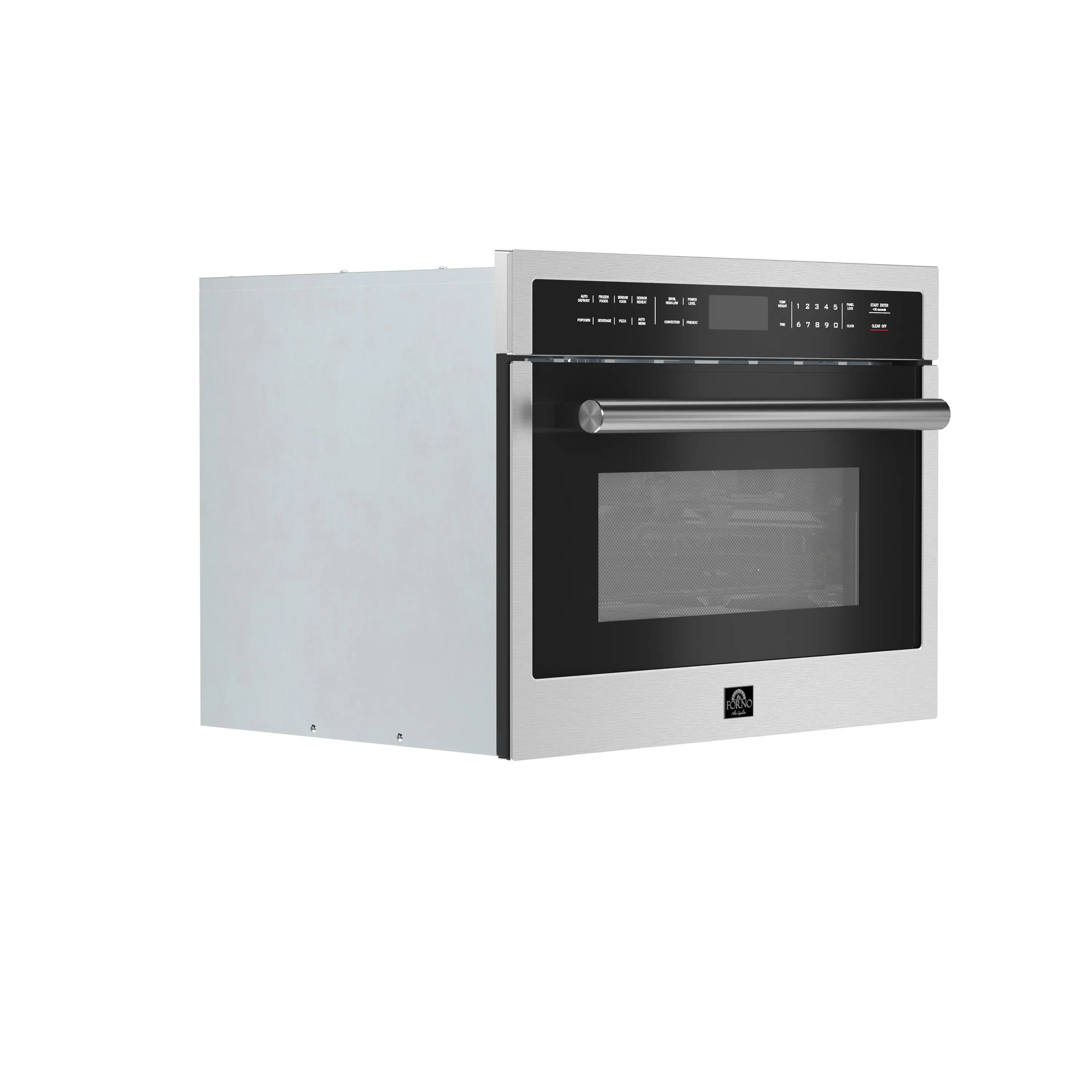 Stainless steel microwave oven with dark glass door and control buttons