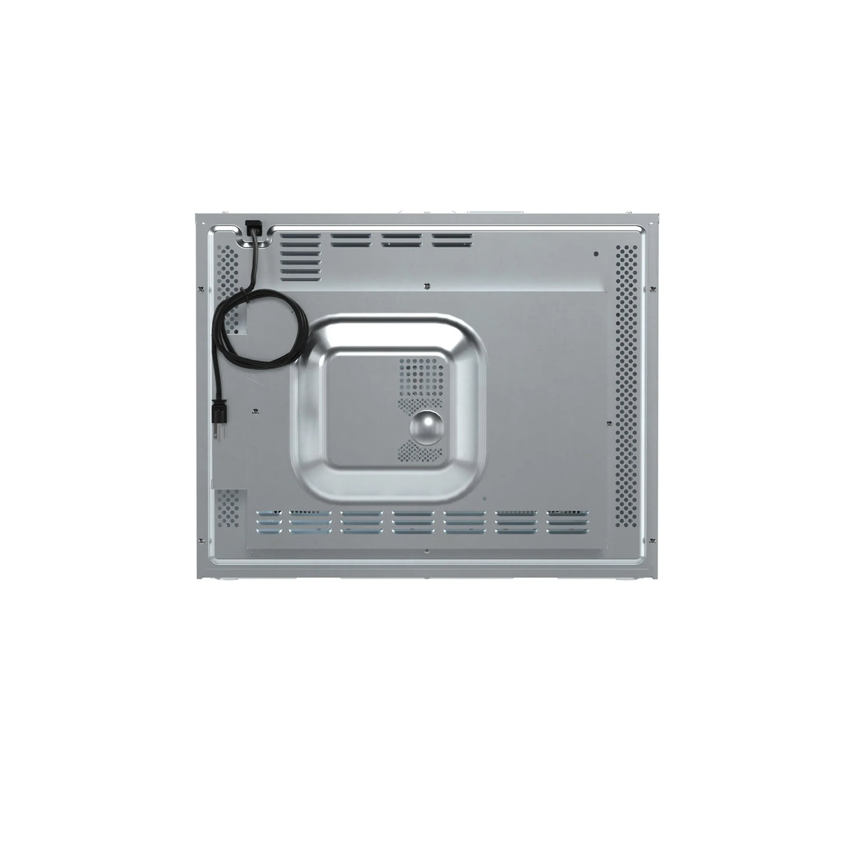 Stainless steel dishwasher tub with built-in wash components and perforated panel, bottom view