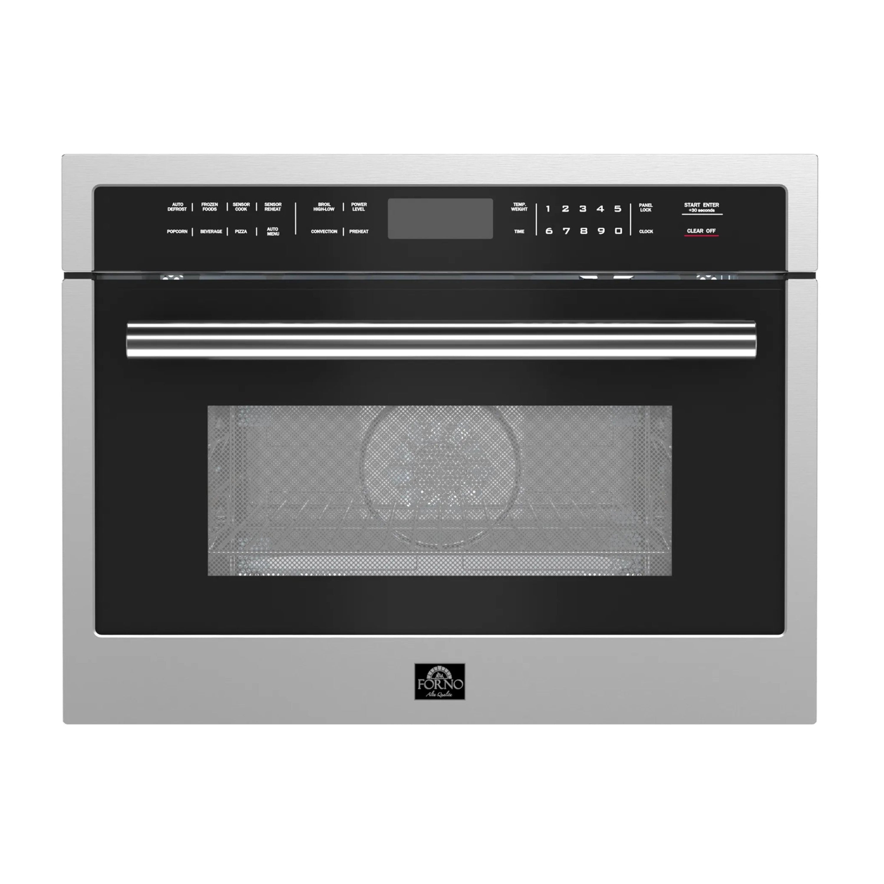 Stainless steel microwave oven with black glass door and control panel