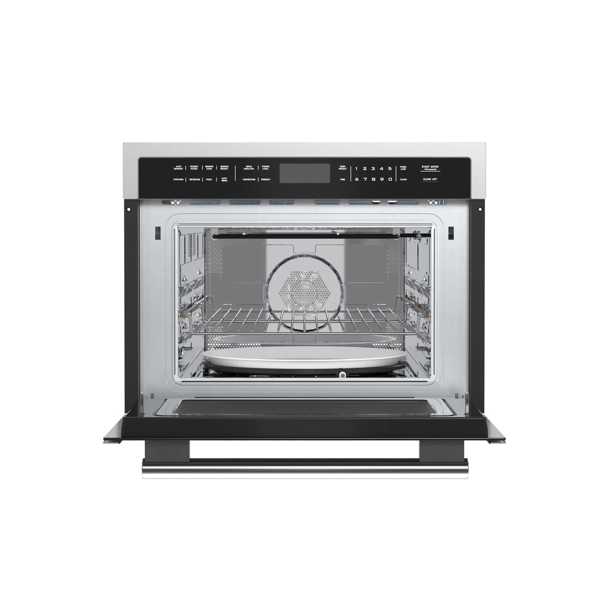 Stainless steel built-in microwave with interior turntable and wire rack