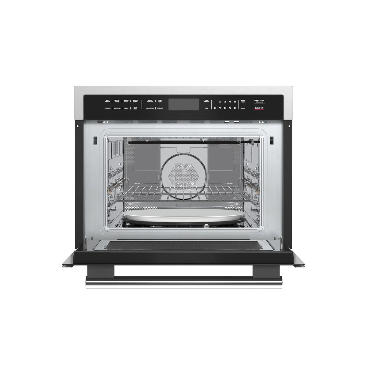 Stainless steel dishwasher interior with racks and door open