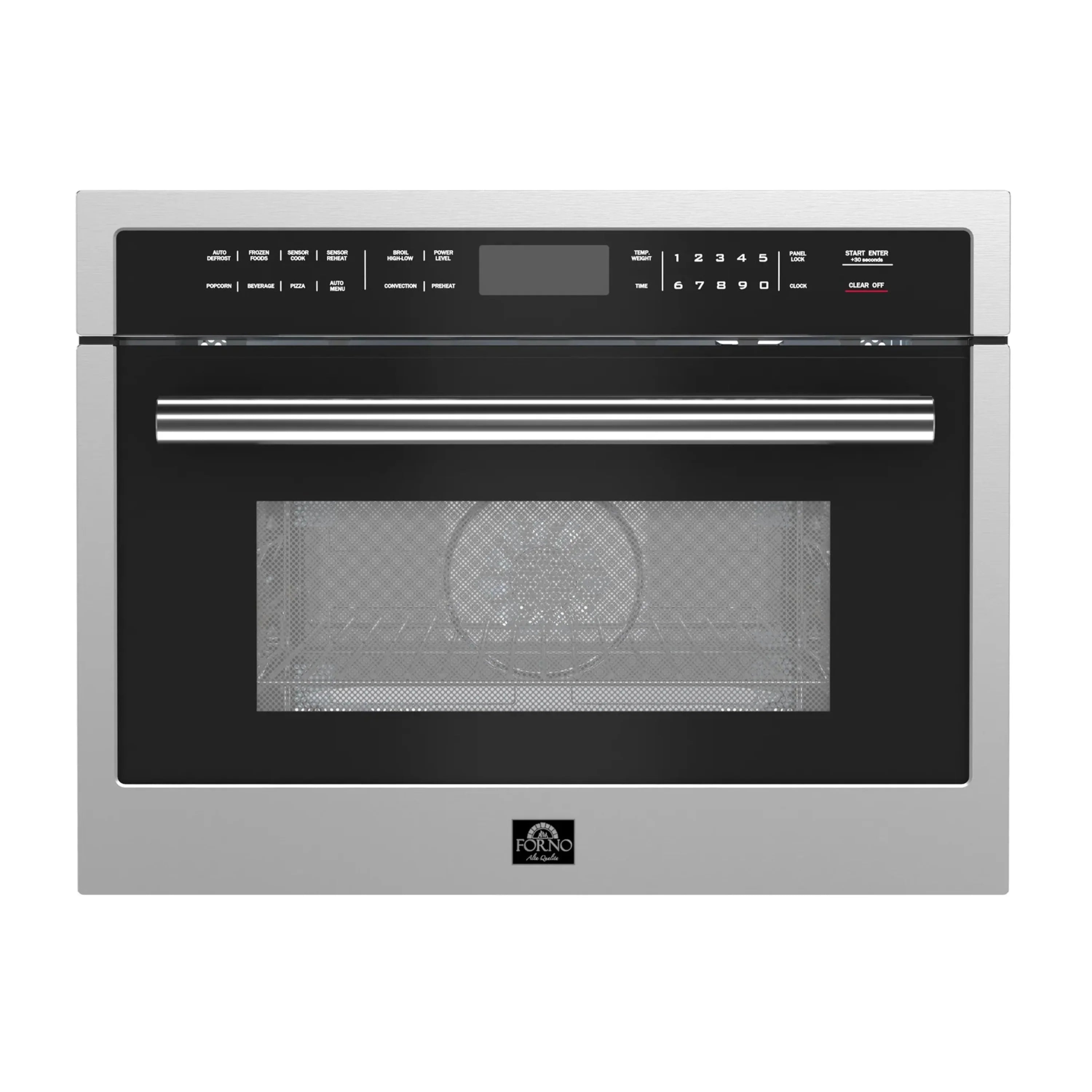 Stainless steel microwave oven with black control panel and viewing window