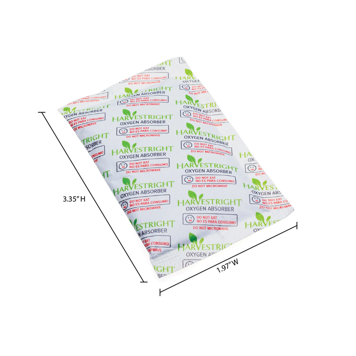 Folded oxygen absorber sachets with size markings on the packaging stack.