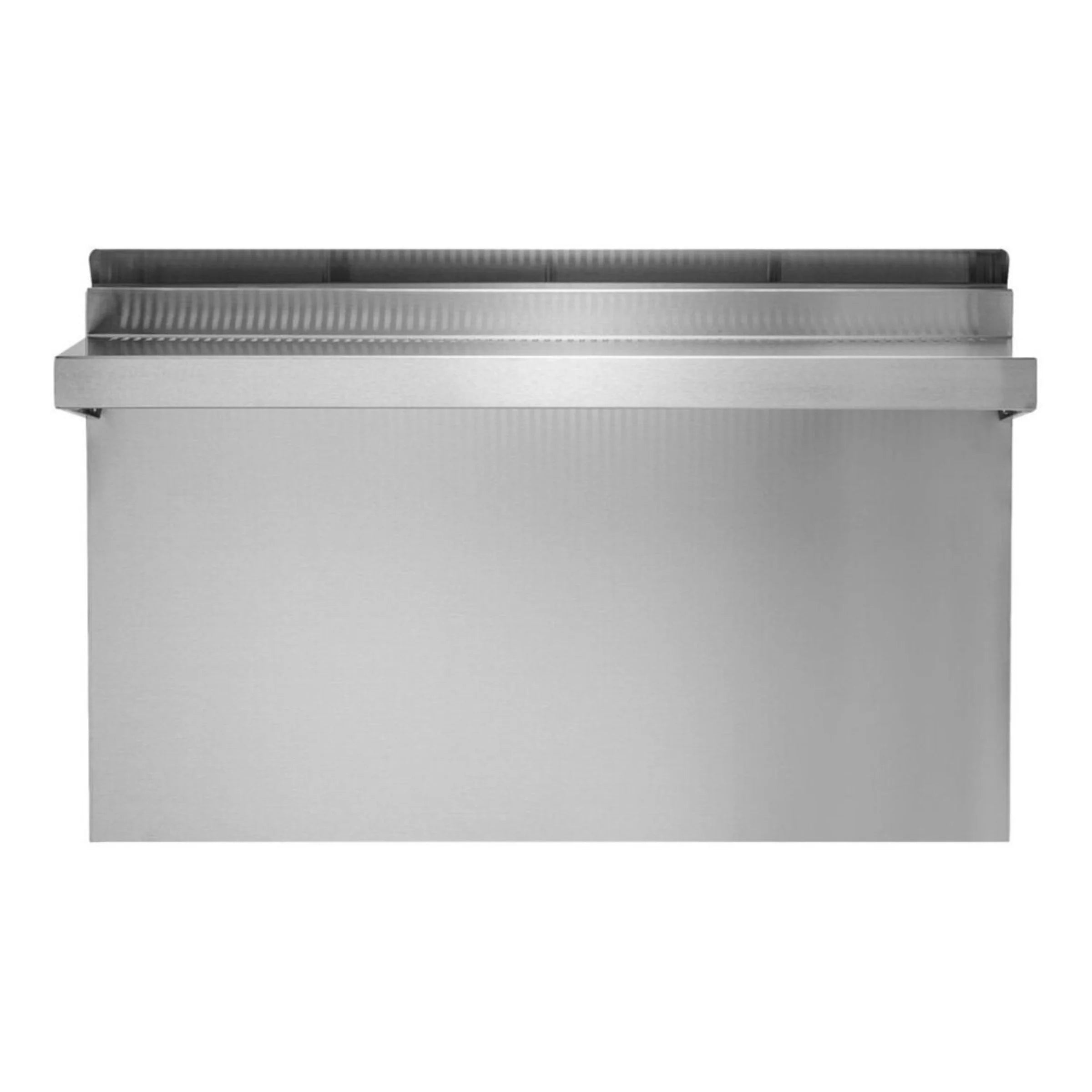 Stainless steel wall-mount range back with flanged top and raised edge
