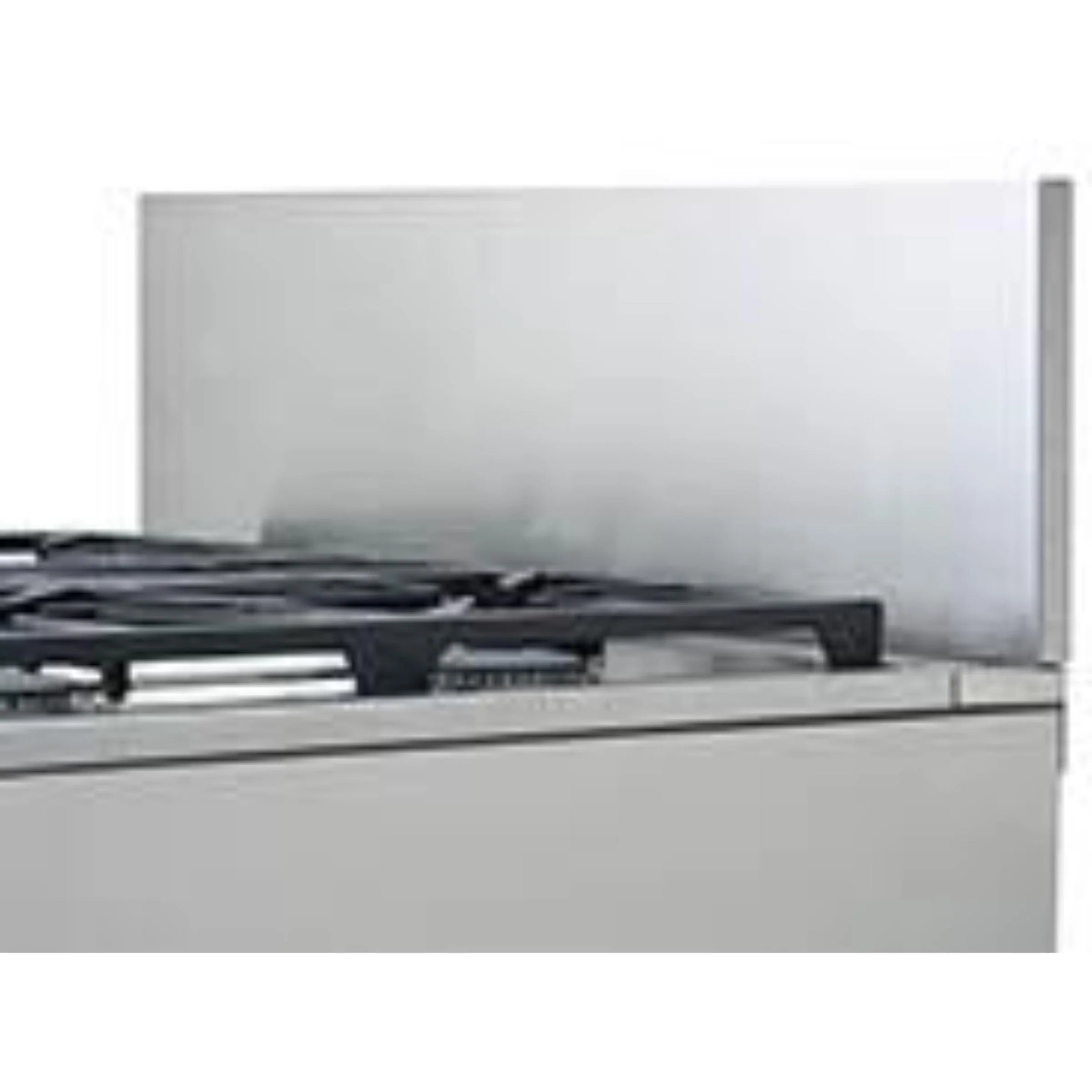 Stainless steel range low back wall panel with ledge behind cooktop