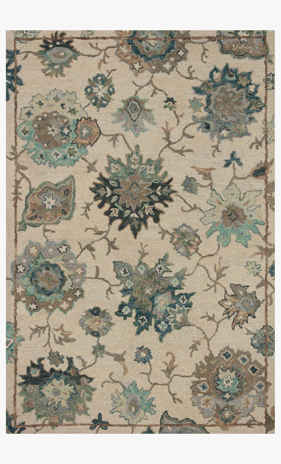 Loloi Padma transitional accent rug, full view: cream ground with teal and blue florals