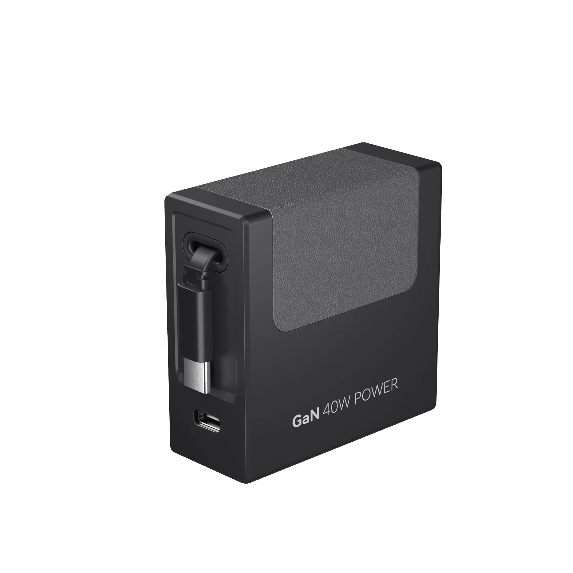 Black GaN 40W retractable charger with side cable connector and ports