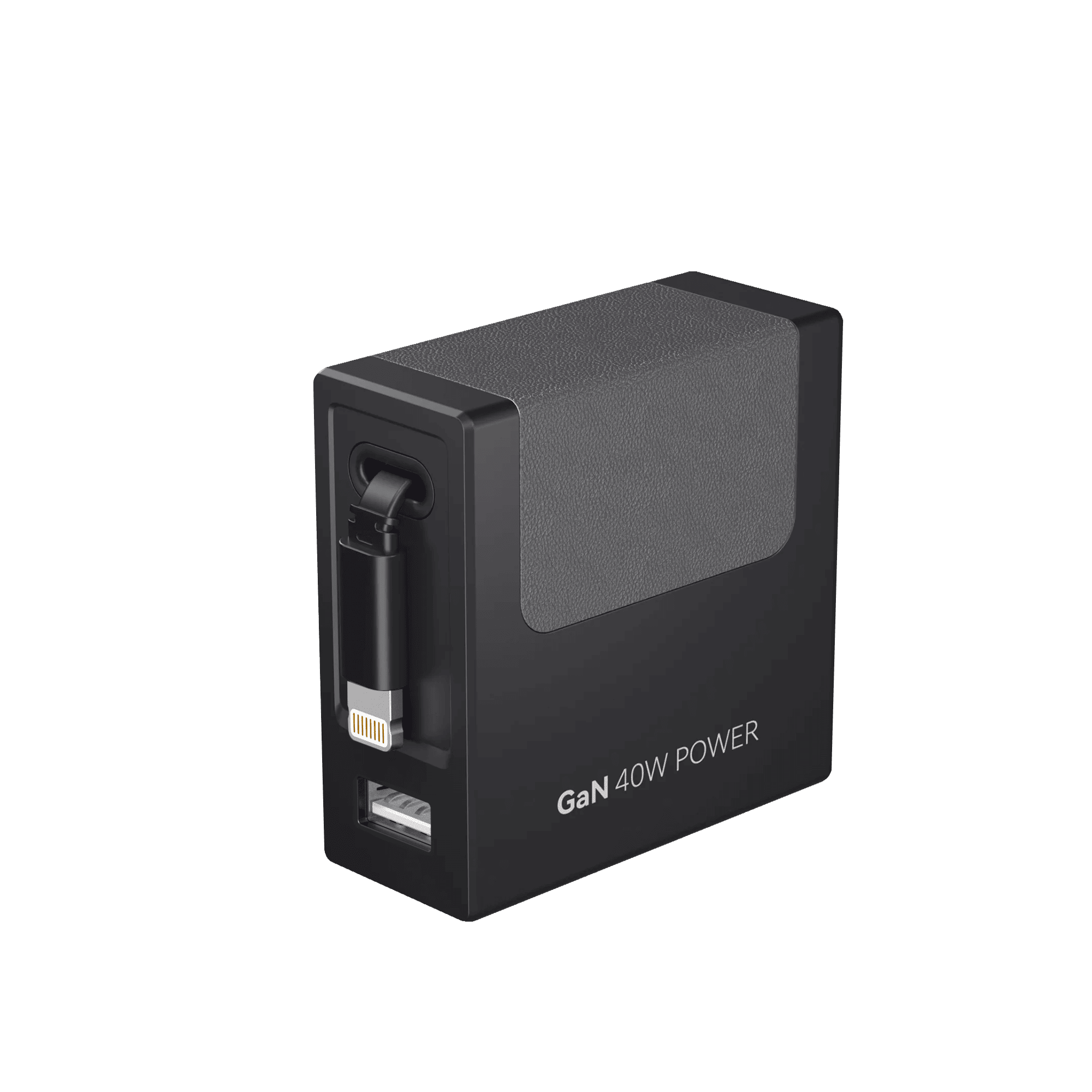 Black GaN 40W retractable charger with two side ports and connector