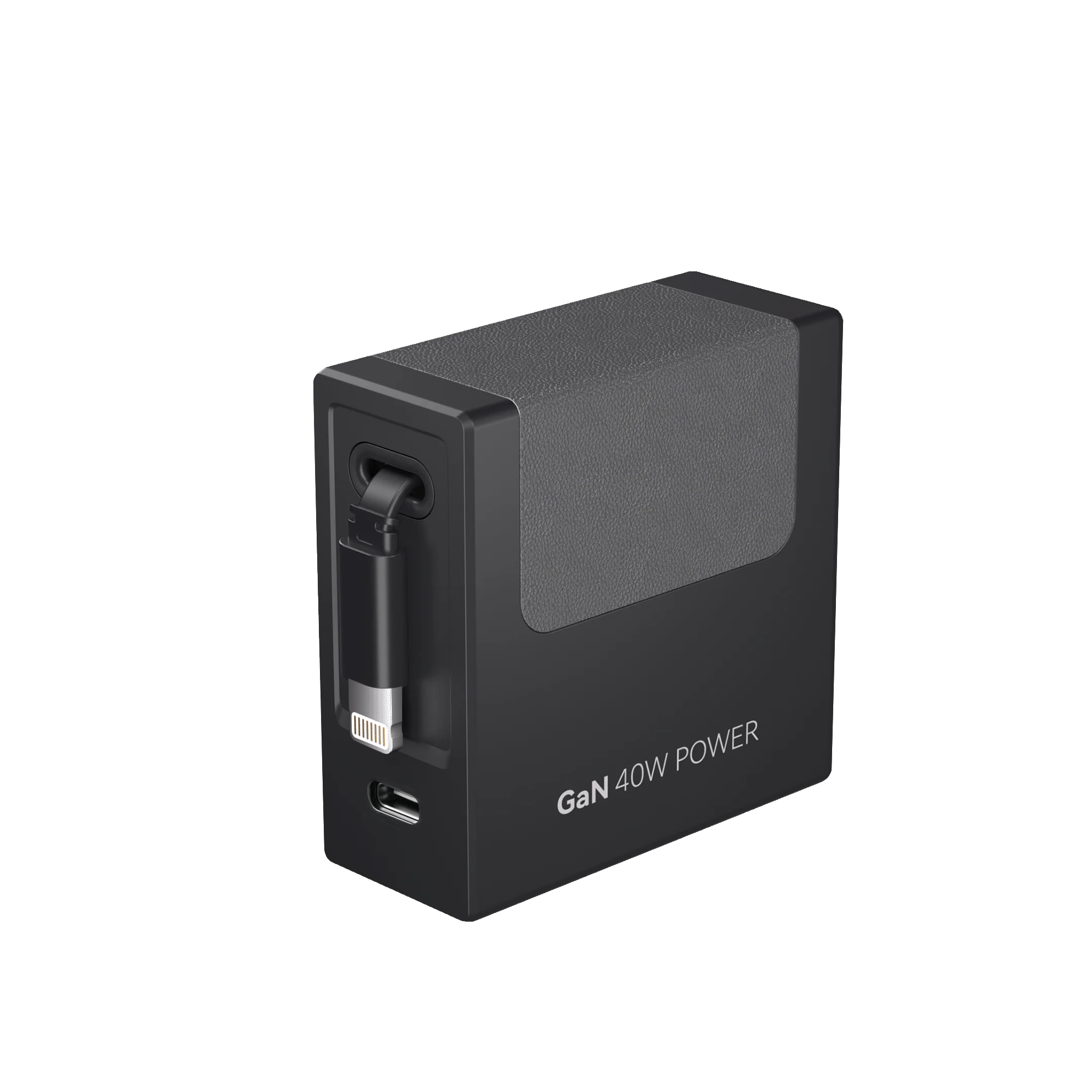 Black GaN 40W retractable charger showing ports on the front corner