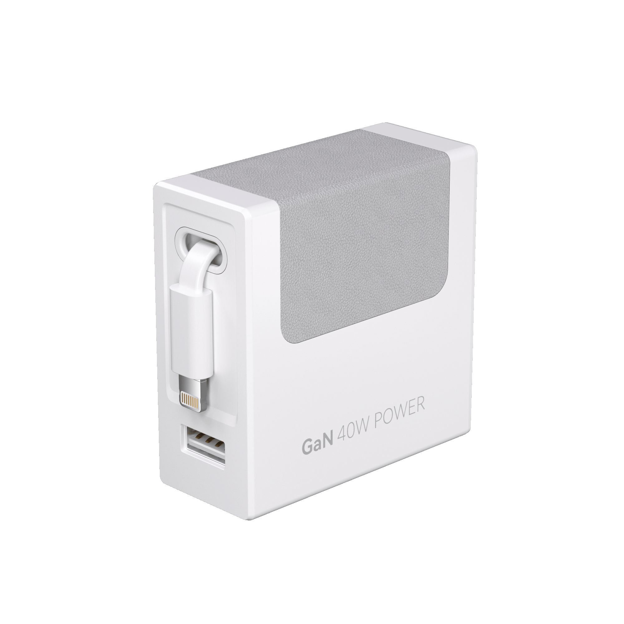 White GaN 40W retractable charger with connector extended from side port.