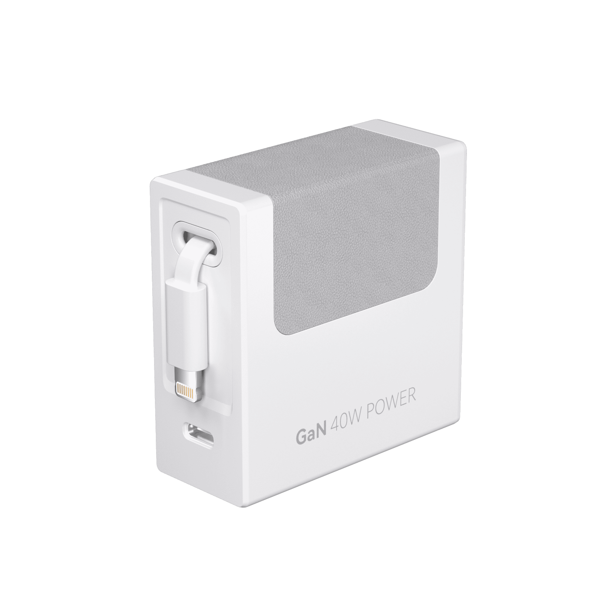 White retractable GaN power charger with folded plug and built-in cable