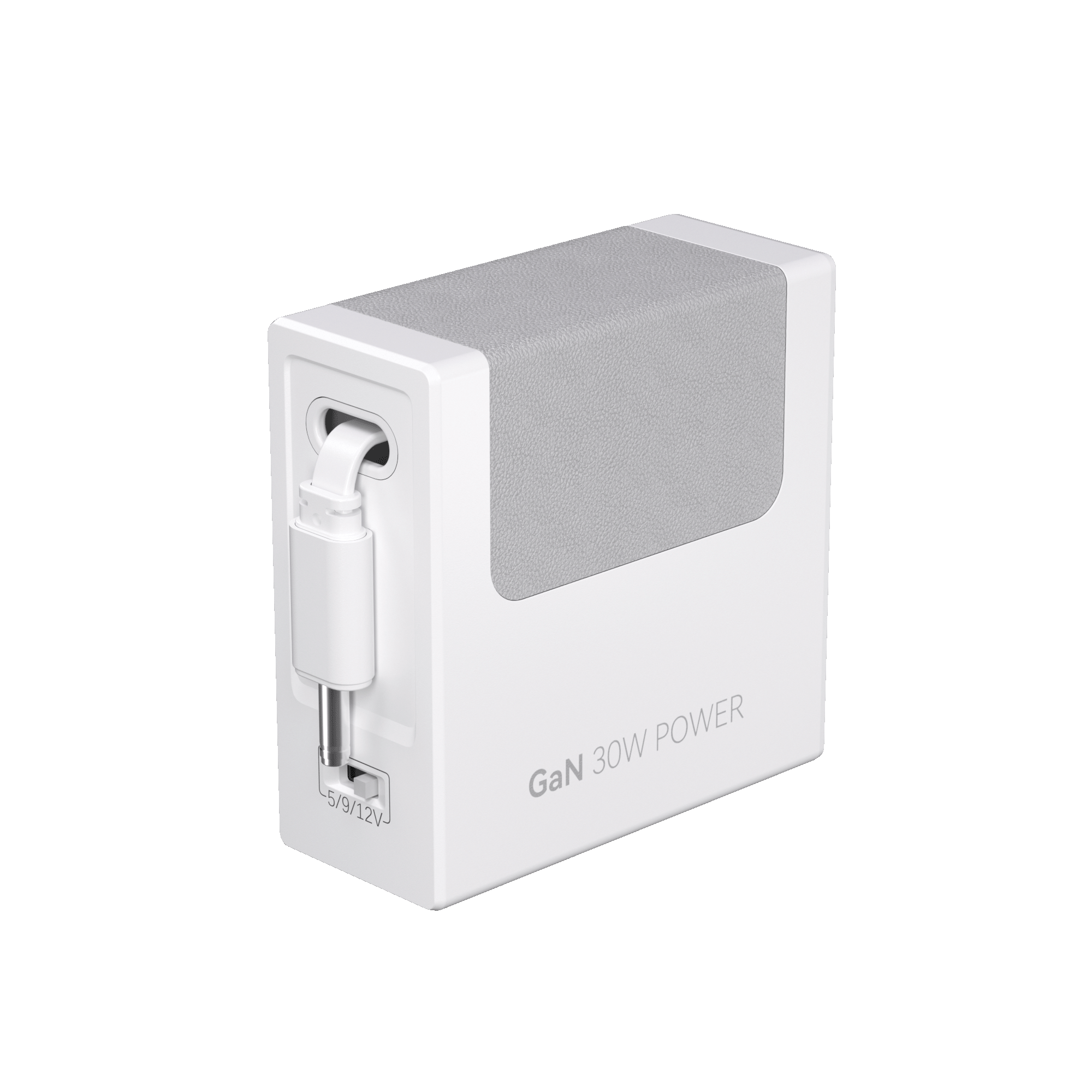 White retractable GaN power charger with extended connector and built-in cable