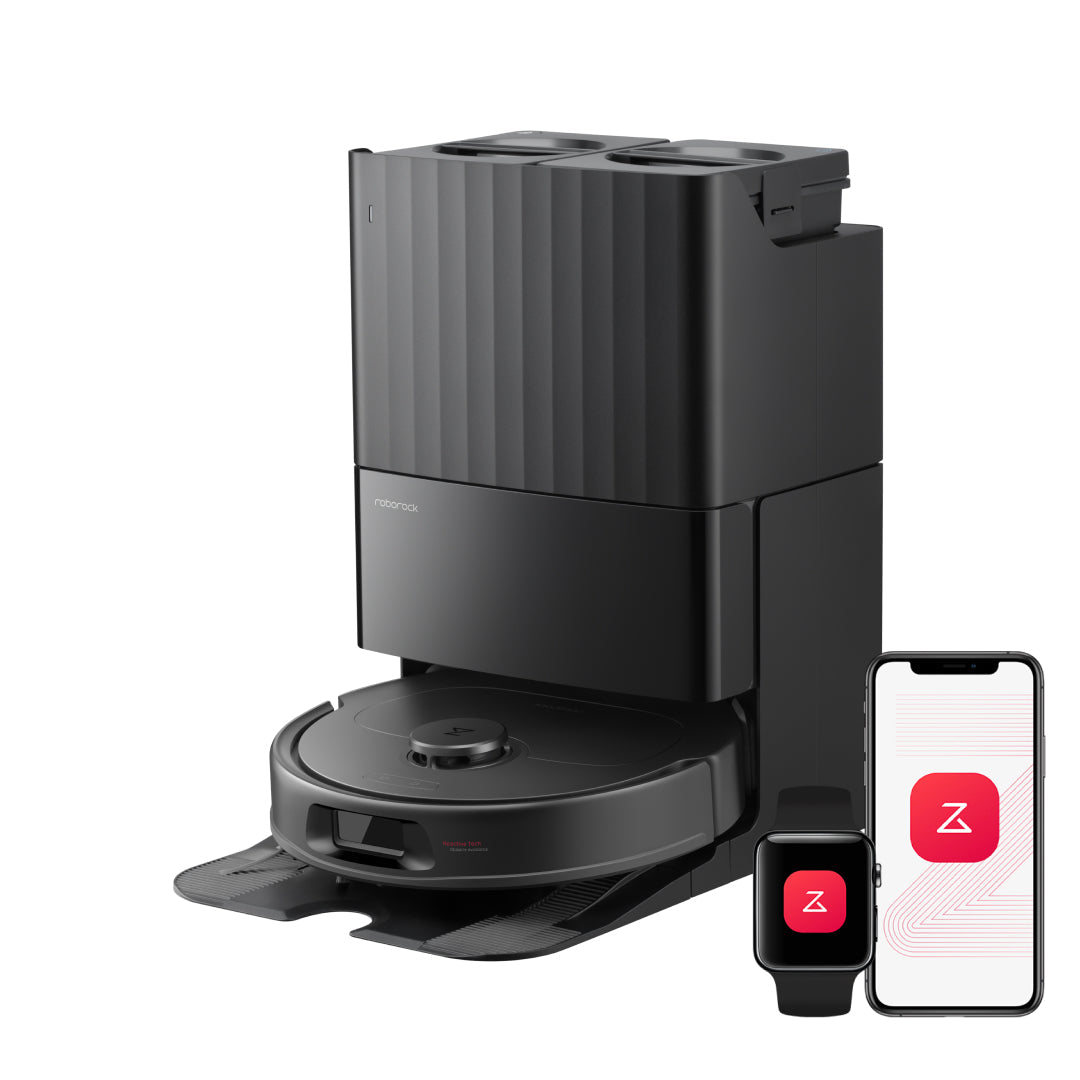 Black robot vacuum with multifunctional dock and app control on a smartphone
