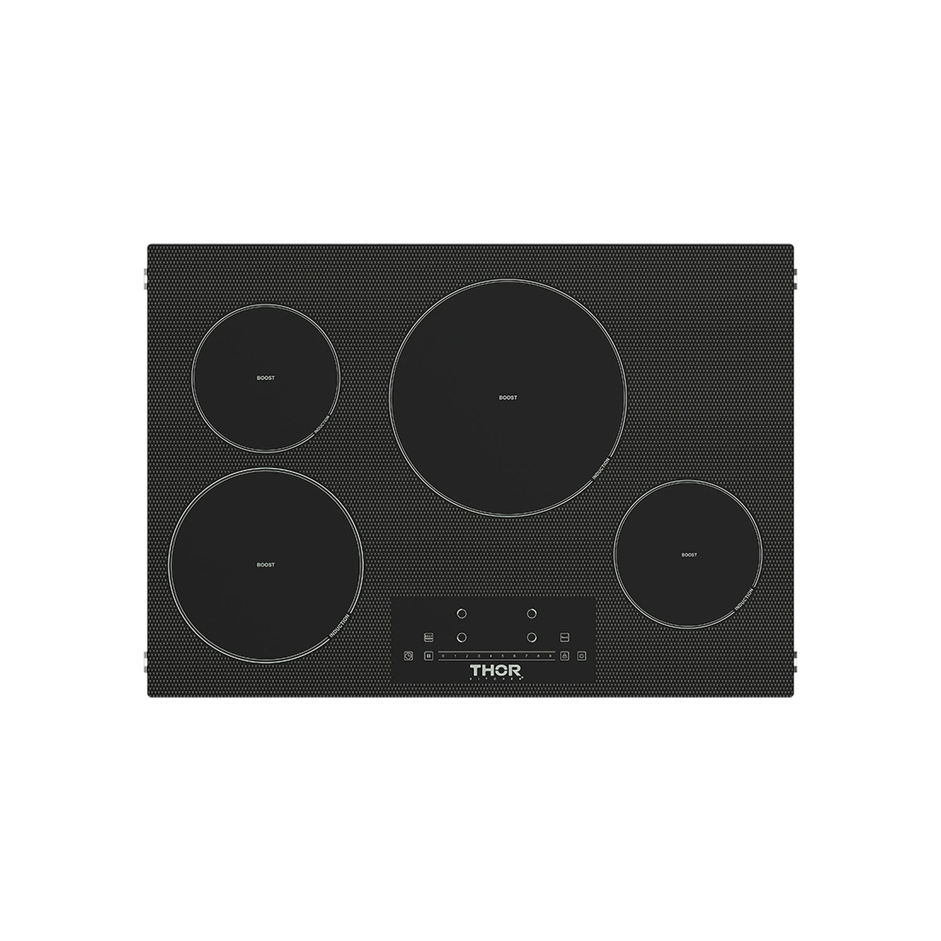 Black 4-zone induction cooktop front view with circular burners and touch control panel