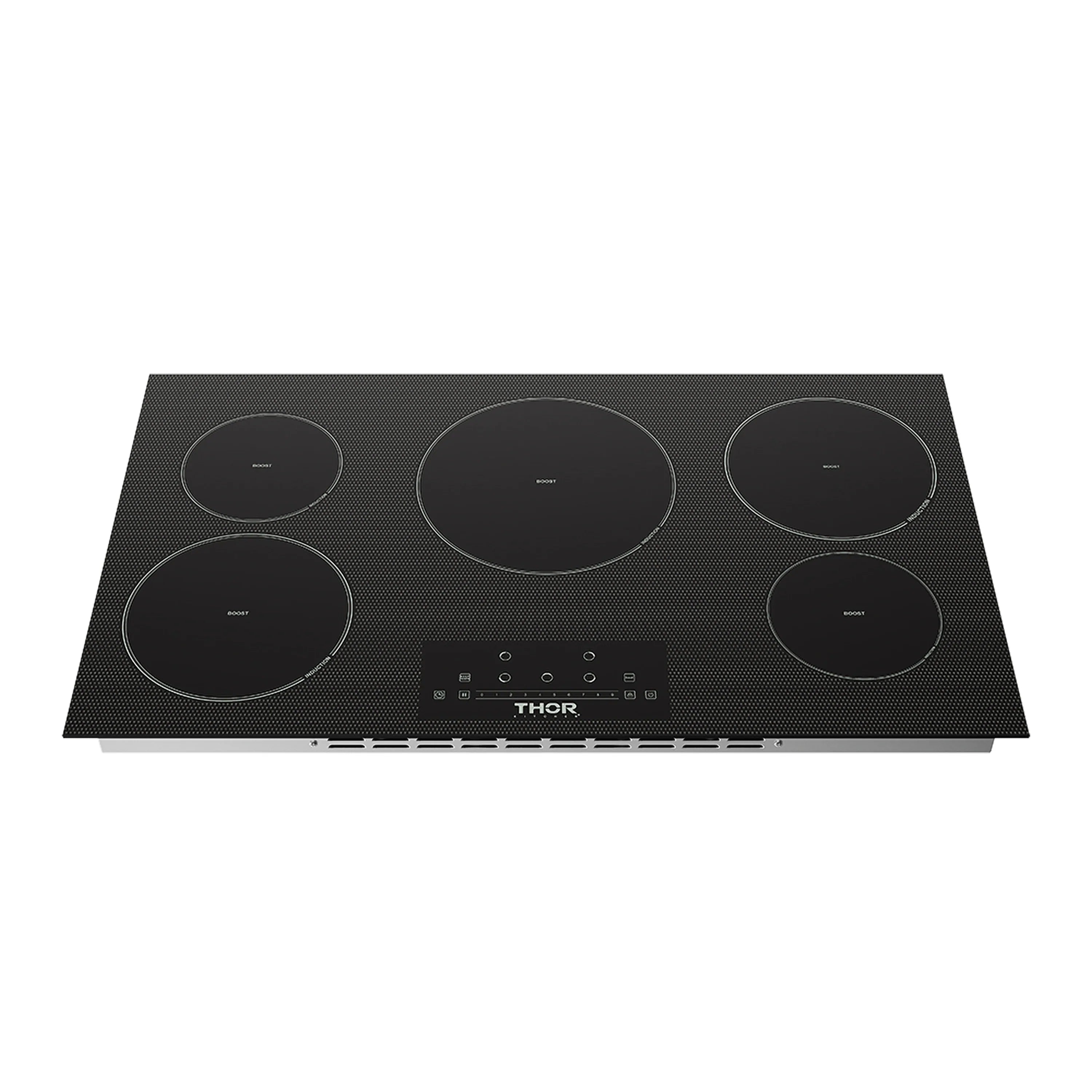 Black 5-element induction cooktop with five circular burners and touch control panel