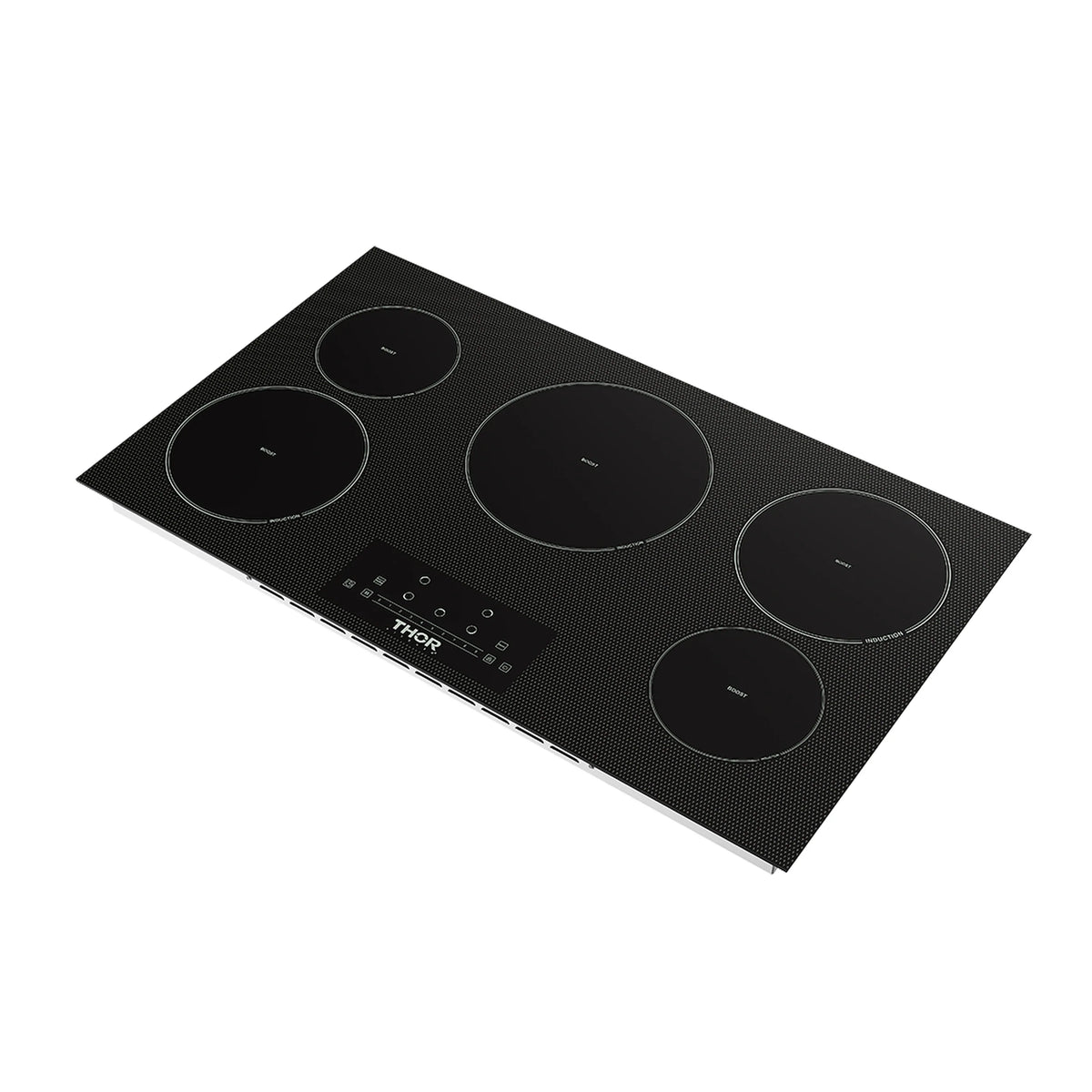 Black 5-element induction cooktop with five burners and front touch control buttons
