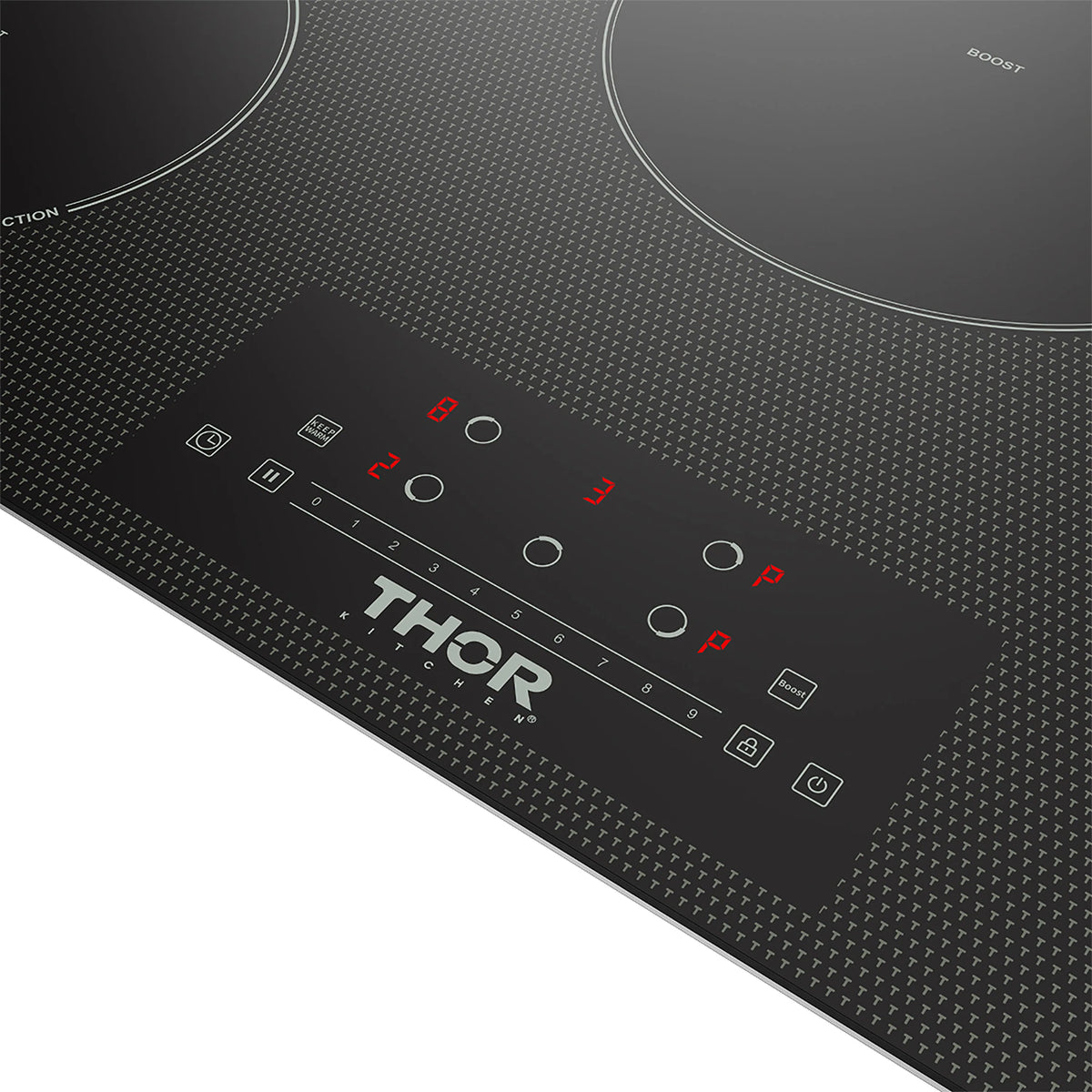 Black induction cooktop control panel with touch buttons and red LED indicators