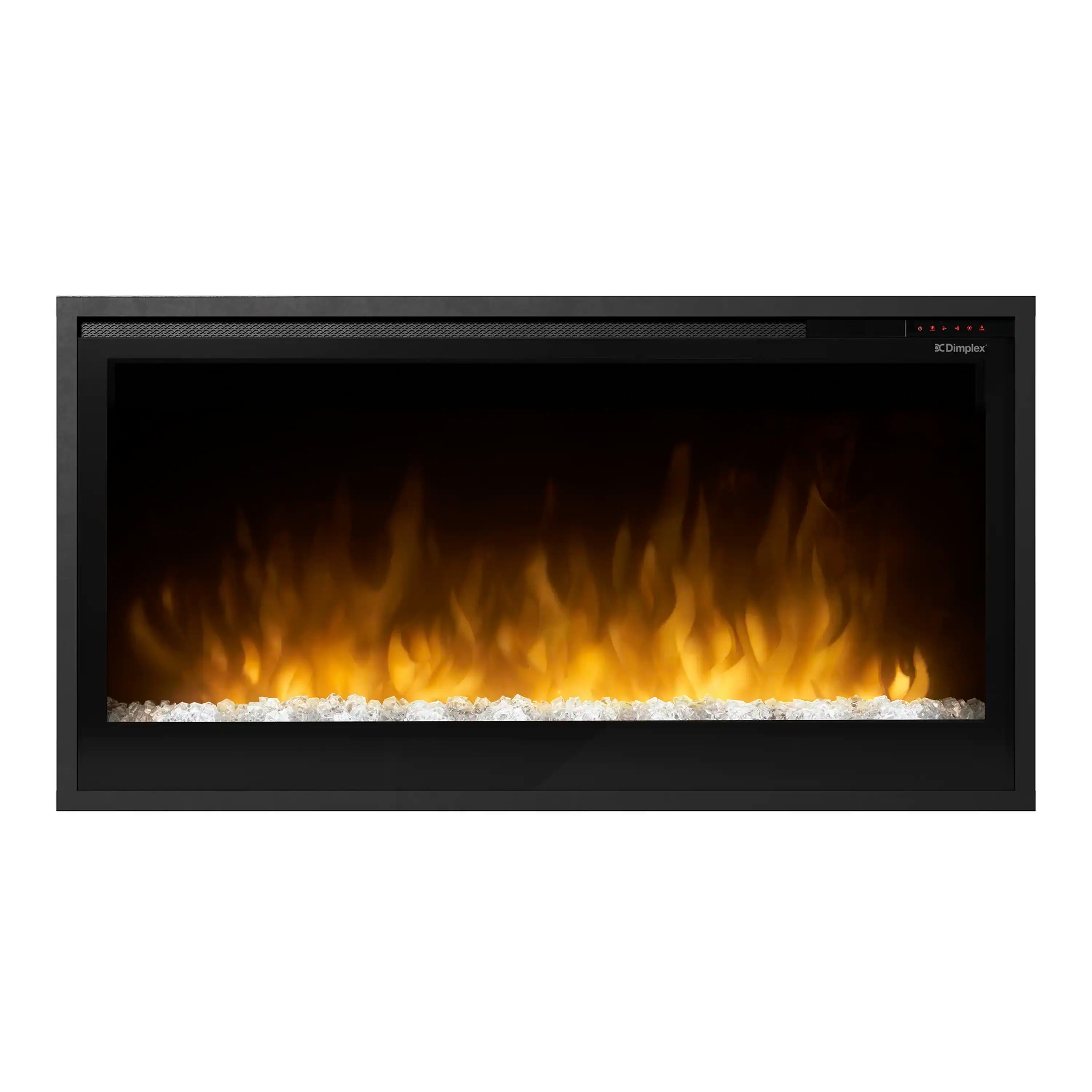 Built-in linear electric fireplace with black frame, yellow flames and white pebble bed.