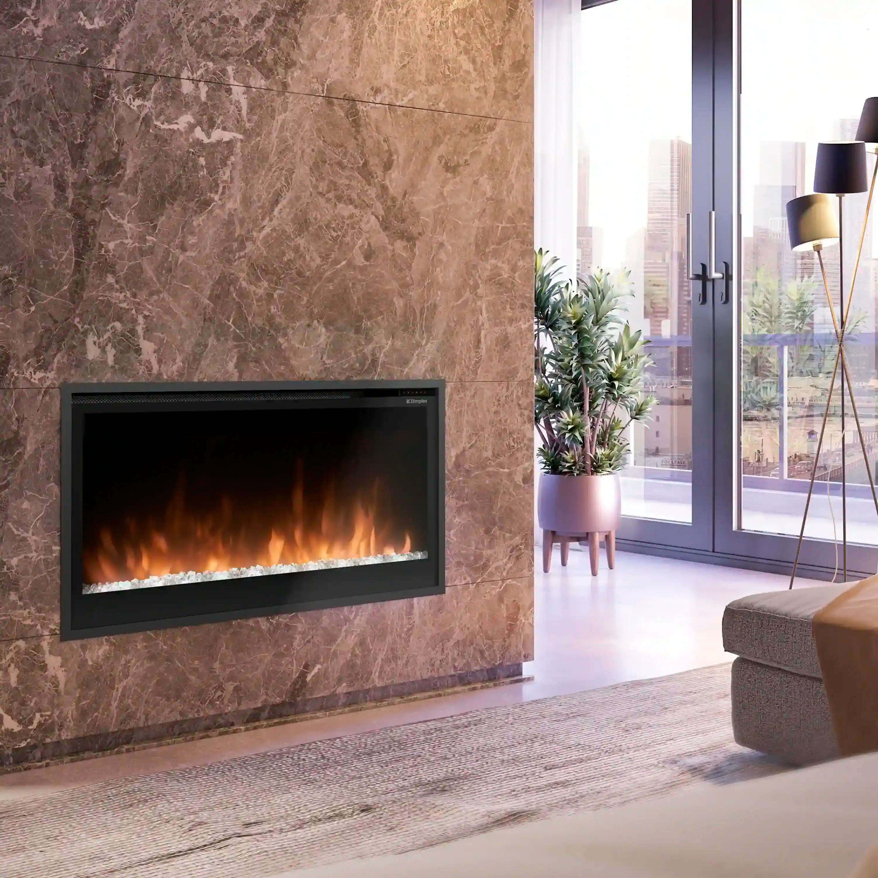 Built-in slim linear electric fireplace with black frame and glowing flame window