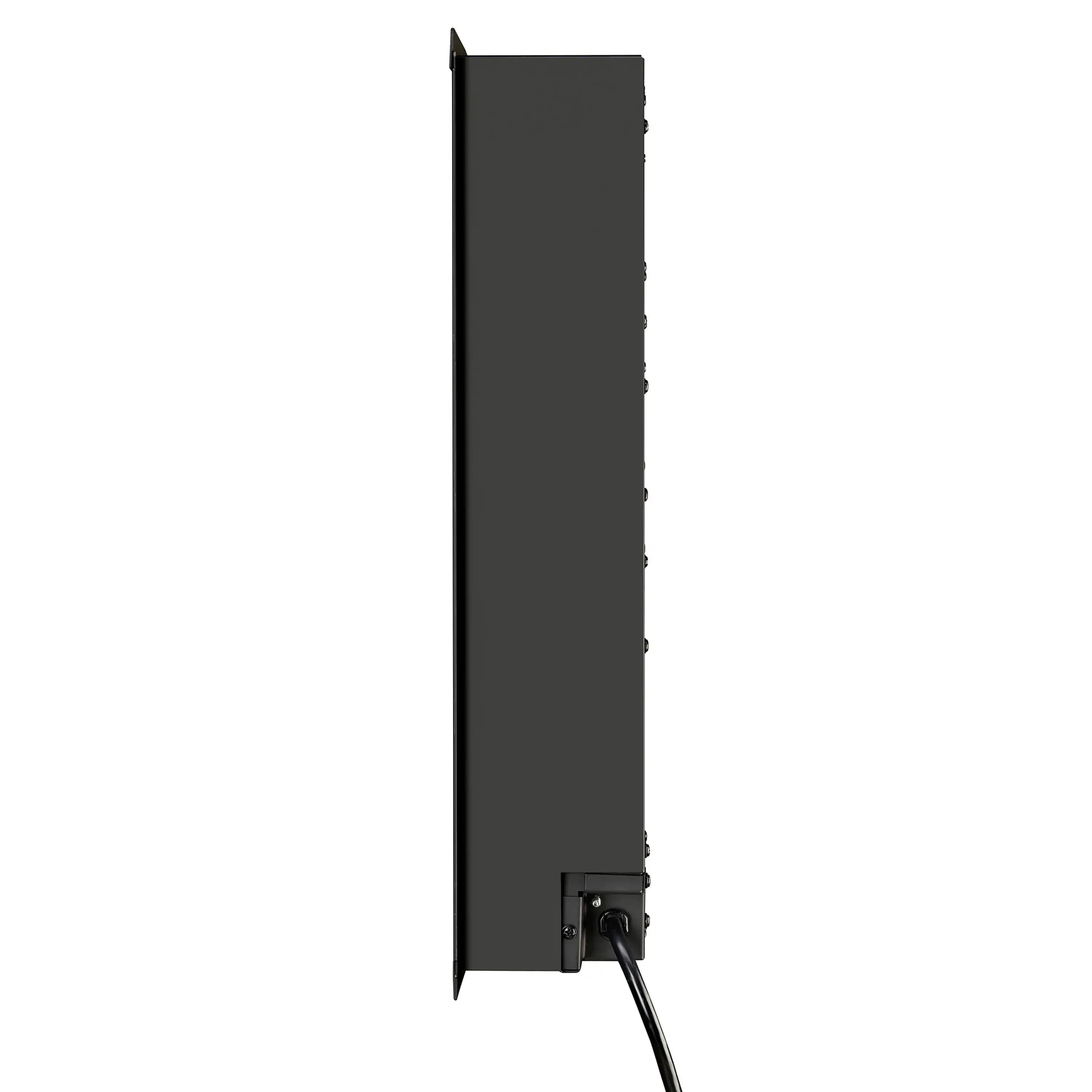 Built-in linear electric fireplace side panel with control opening and attached power cord