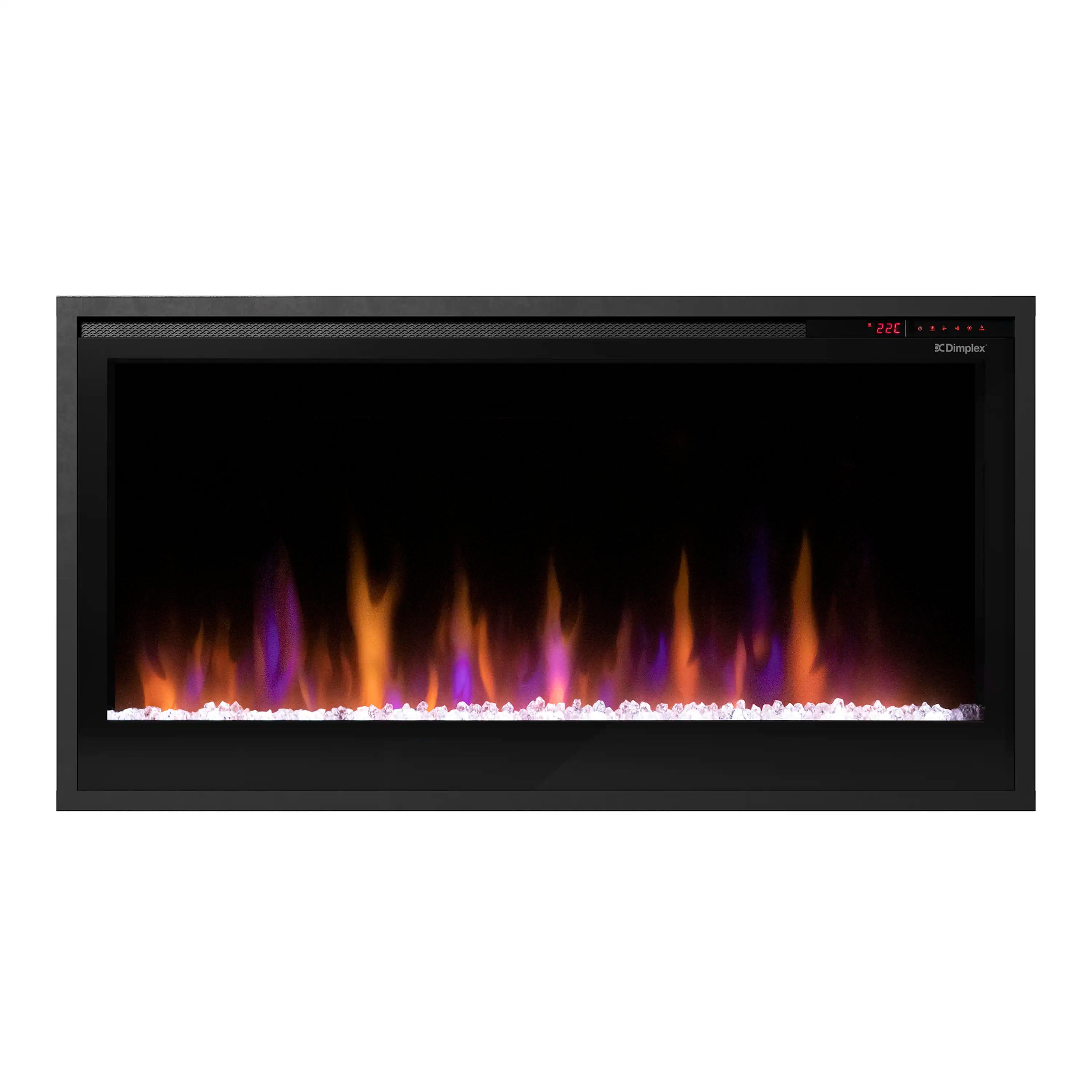 Dimplex linear electric fireplace with purple and orange flames and white ember bed, black frame