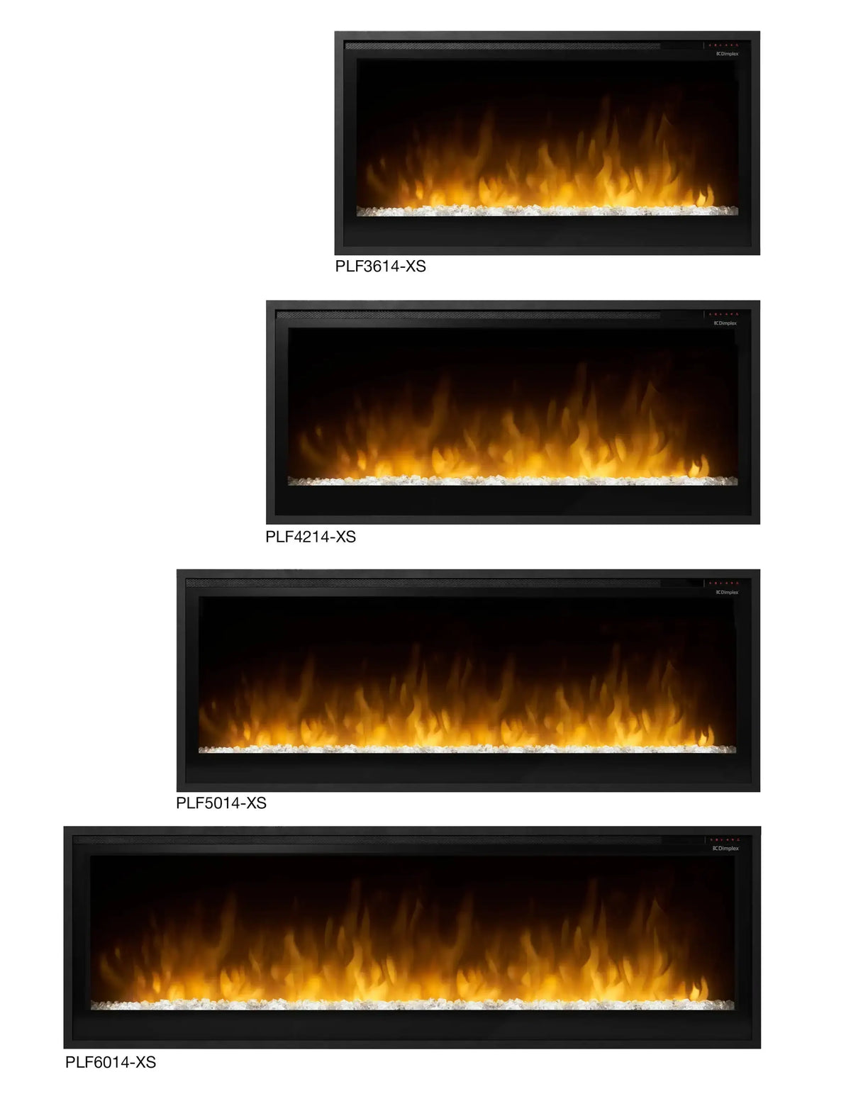 Group of black Dimplex linear electric fireplace displays with model labels