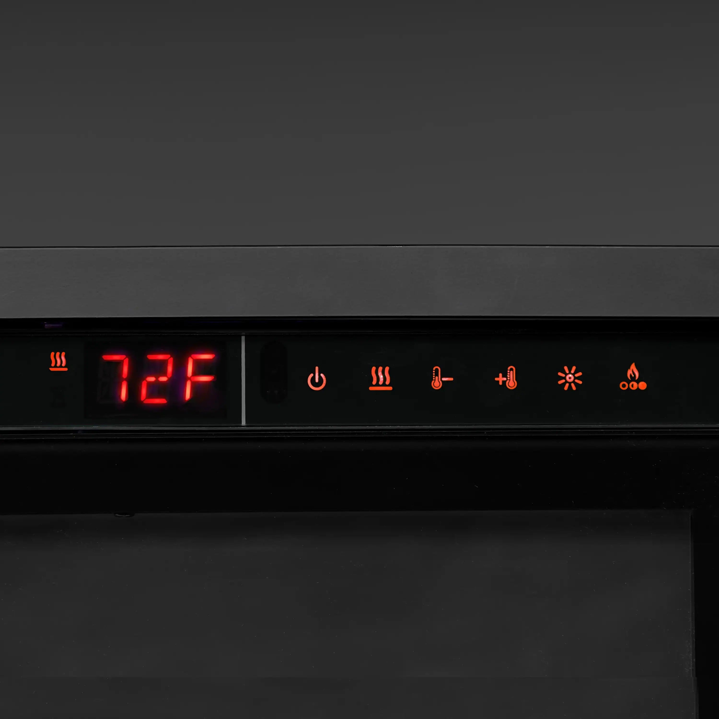Black electric fireplace control panel with red digital temperature 72°F display