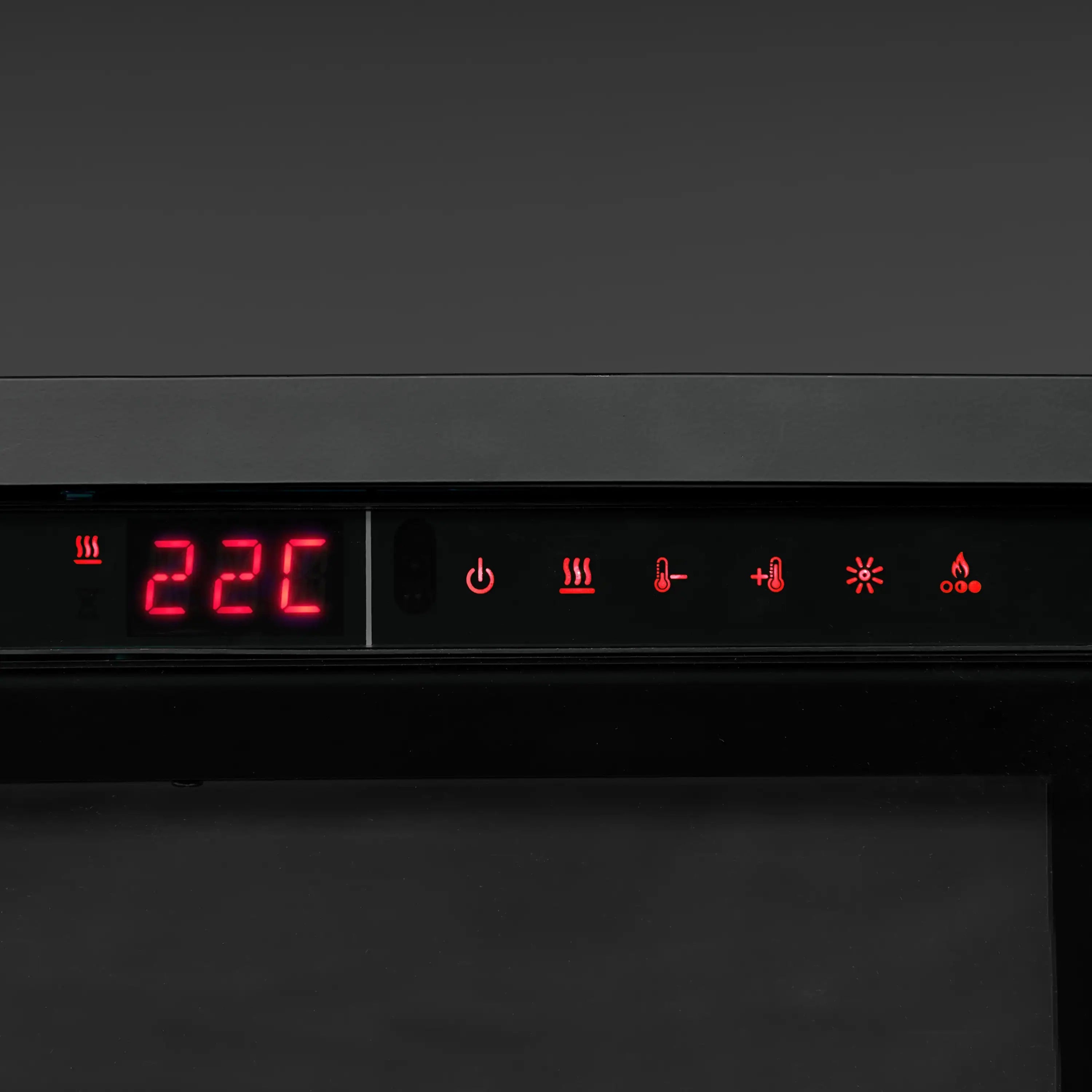 Black electric fireplace control panel with red digital temperature 22°F display