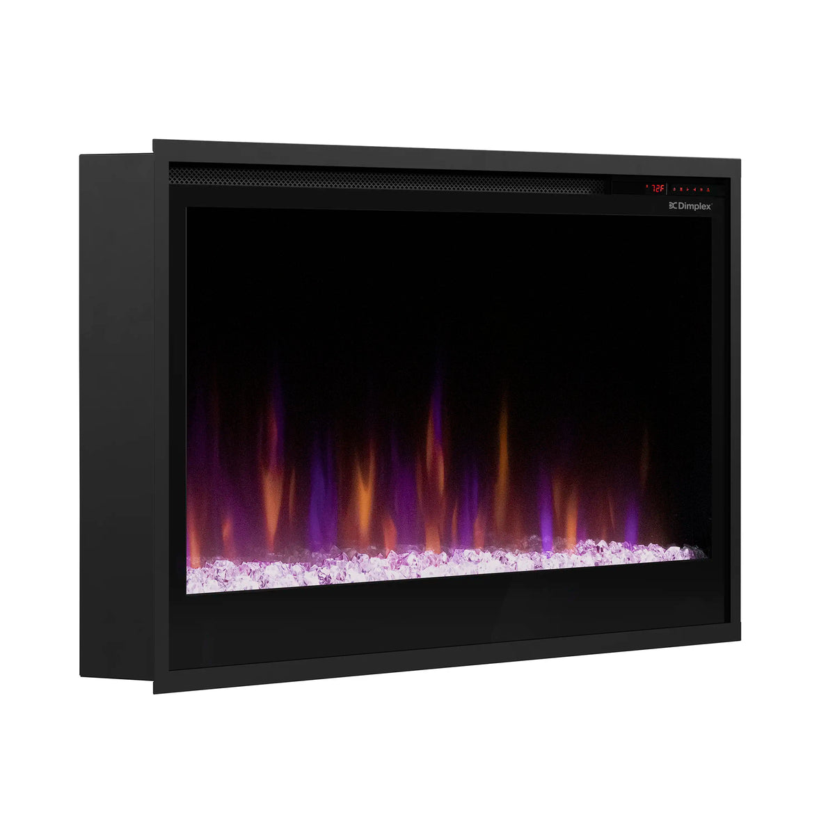 Black slim linear electric fireplace with glowing multicolor flame window