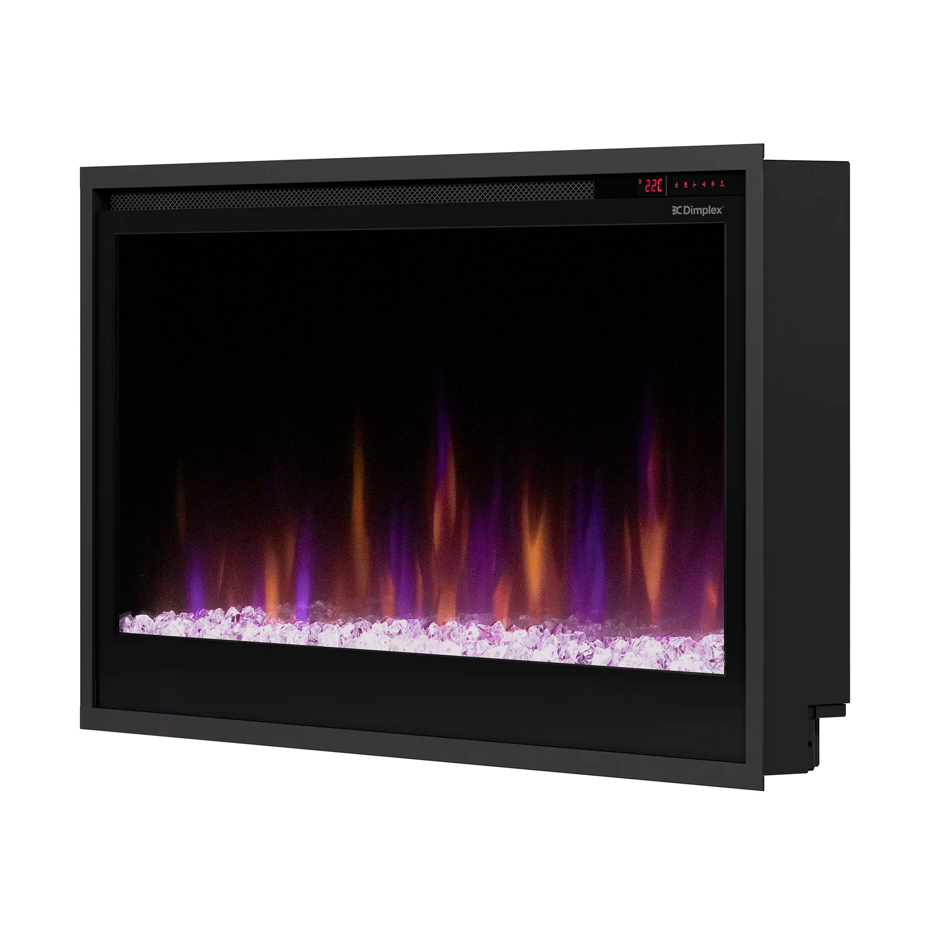 Angled view of black slim linear electric fireplace with multicolor flame window