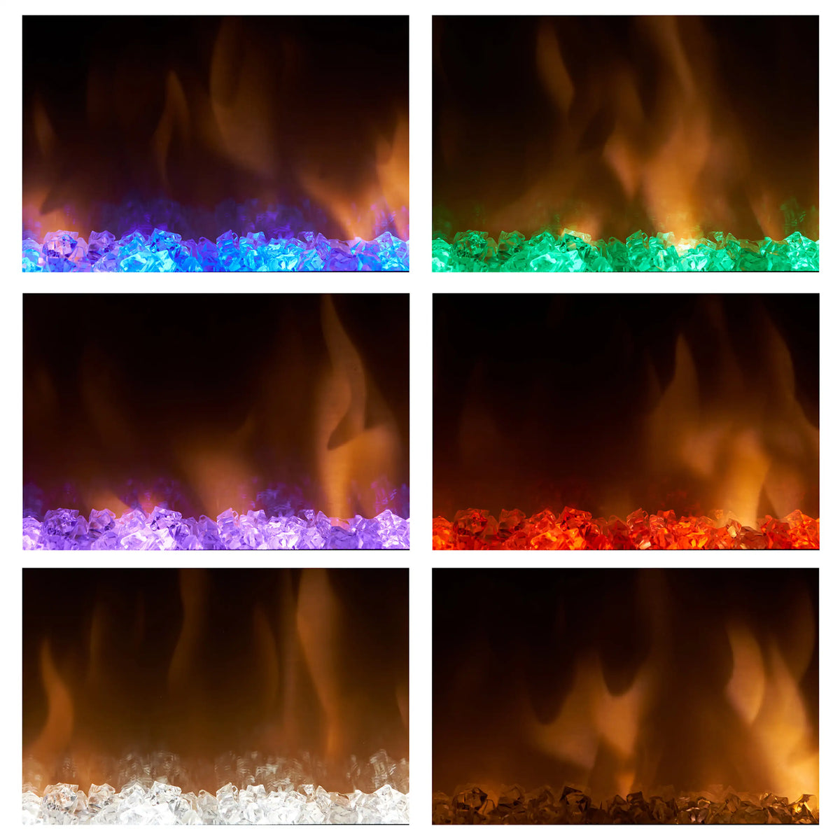 Electric fireplace flame display with blue, green, purple, and orange color modes