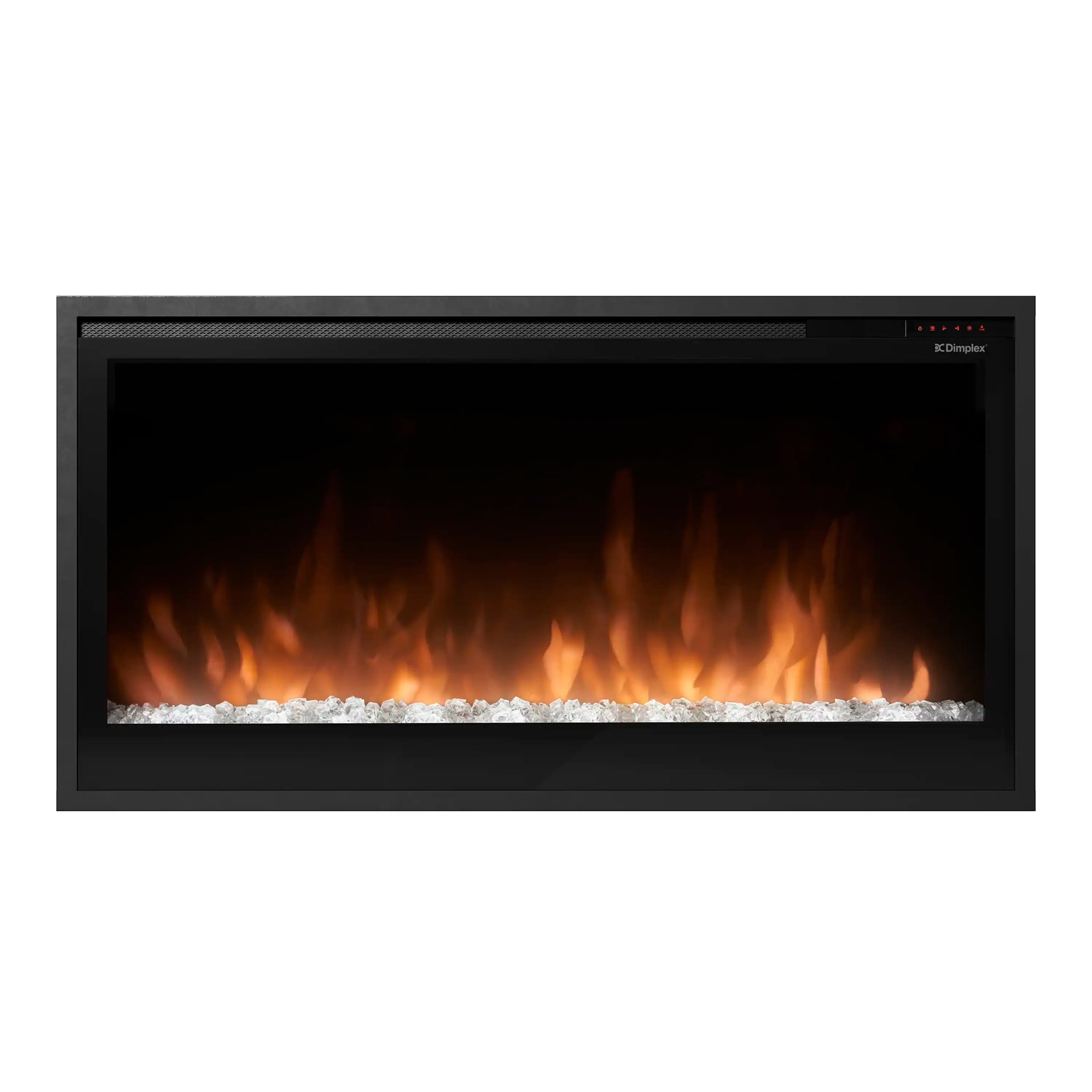 Built-in linear electric fireplace with black frame, orange flames and white pebble bed.