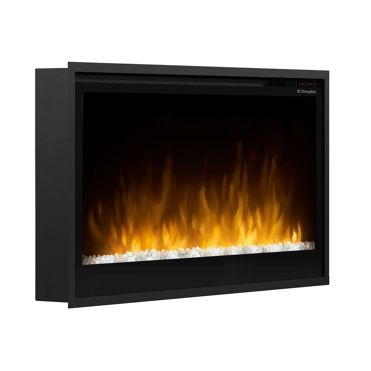 Slim linear built-in electric fireplace with black frame and bright flame display