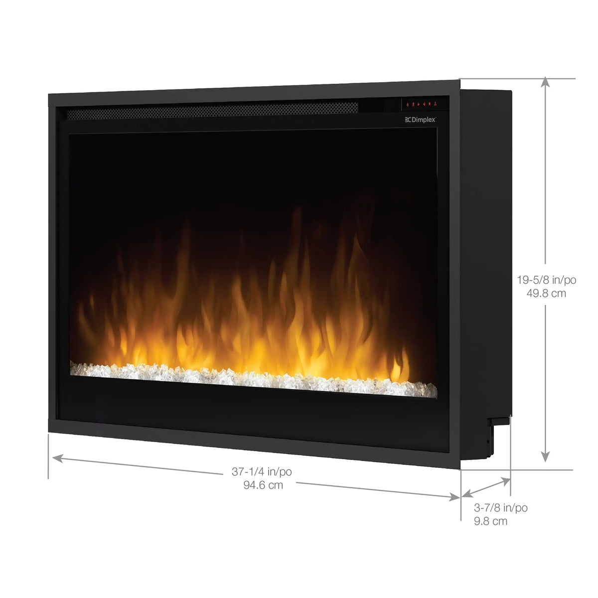Black slim linear built-in electric fireplace with front opening and side housing