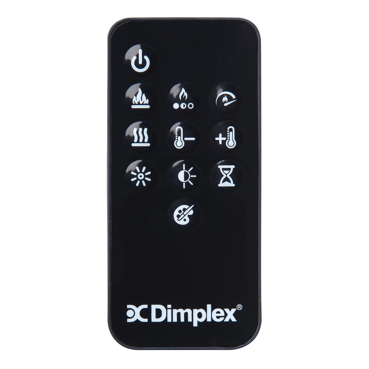 Dimplex black remote control with flame, heat, and fan icons and power button