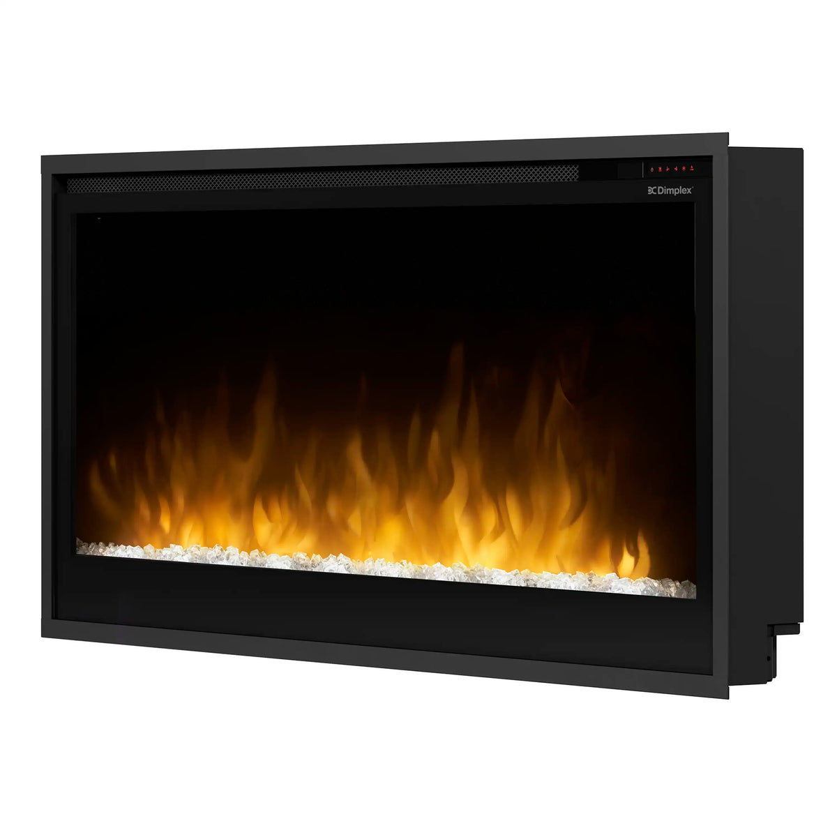 Built-in linear electric fireplace with warm yellow flame display and white faux logs