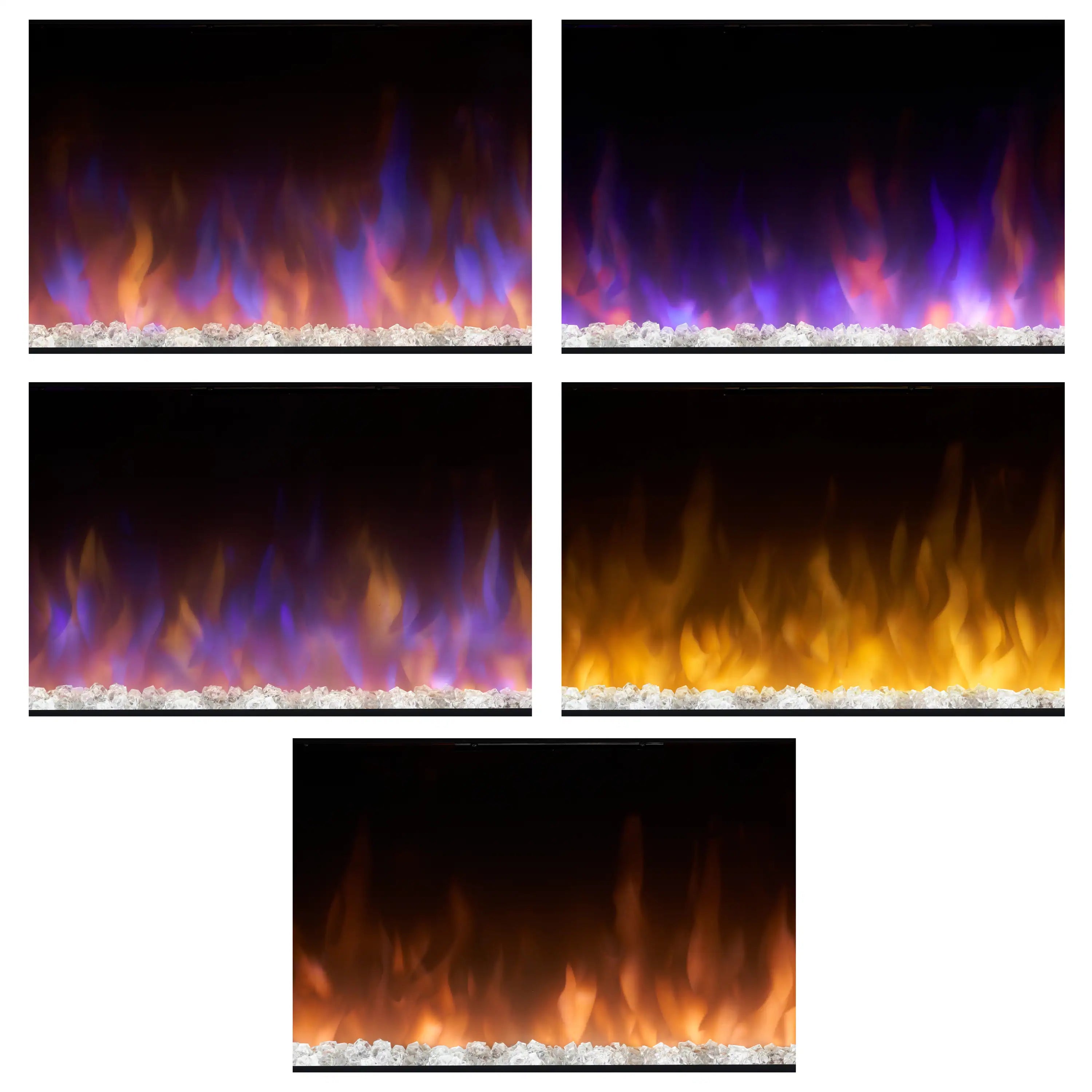 Linear electric fireplace flame closeups in blue, purple, and gold tones with white logs